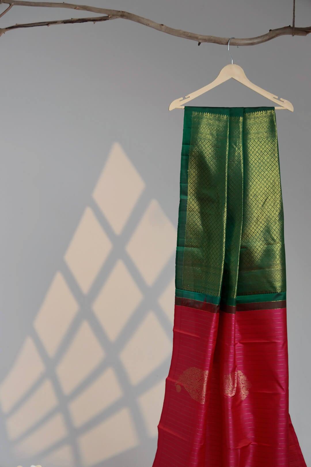Arani Pure Silk Handloom Saree in Rani Pink and Green Pallu view 3 - Rani Pink with Green Pallu Arani saree
