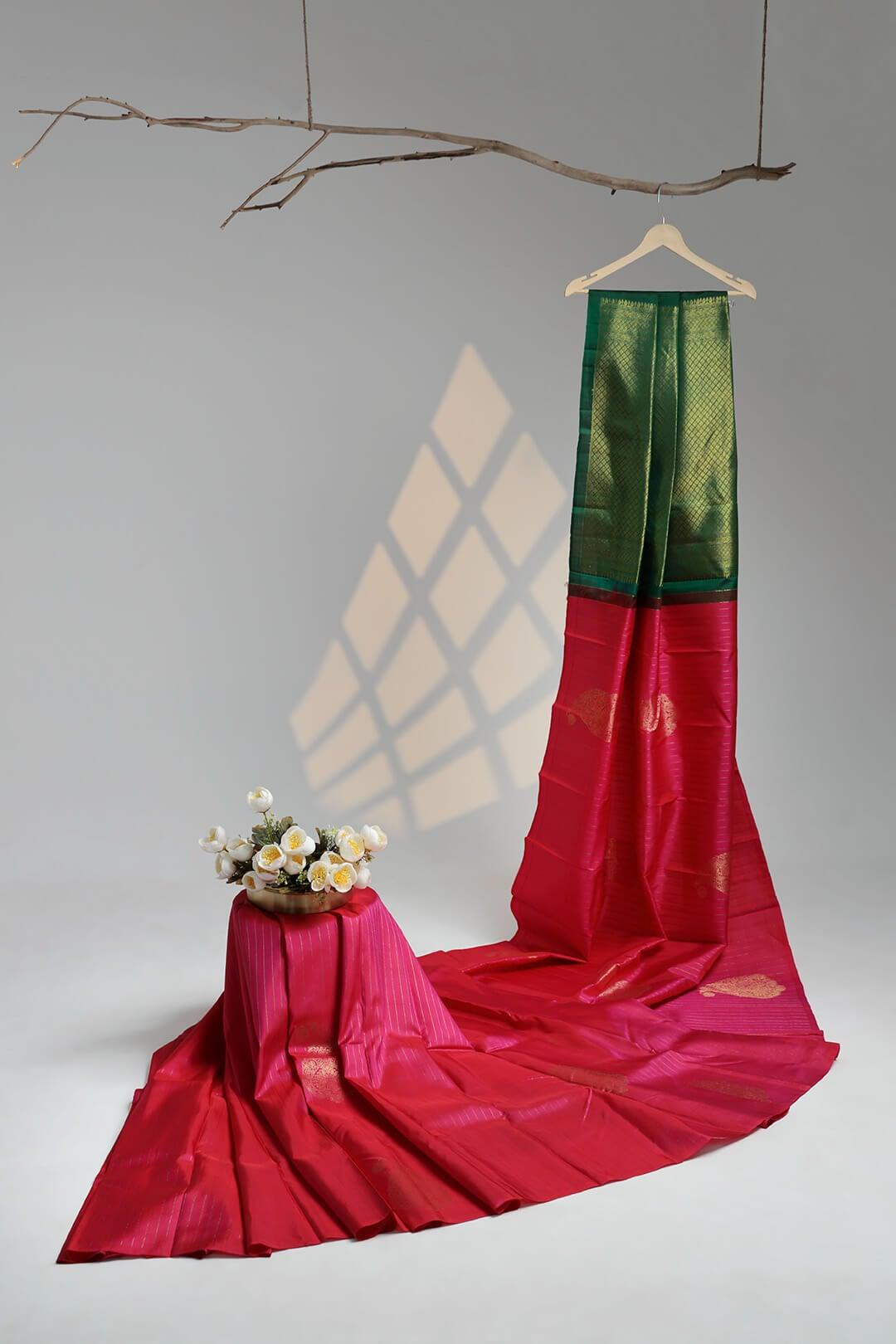 Arani Pure Silk Handloom Saree in Rani Pink and Green Pallu 2 - Rani Pink with Green Pallu Arani saree
