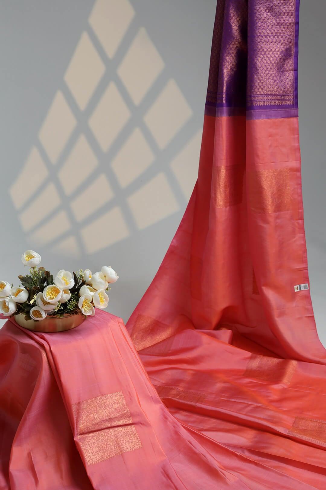 Arani Pure Silk Handloom Saree in Pink and Purple Pallu 6 - Pink with Purple Pallu Arani saree