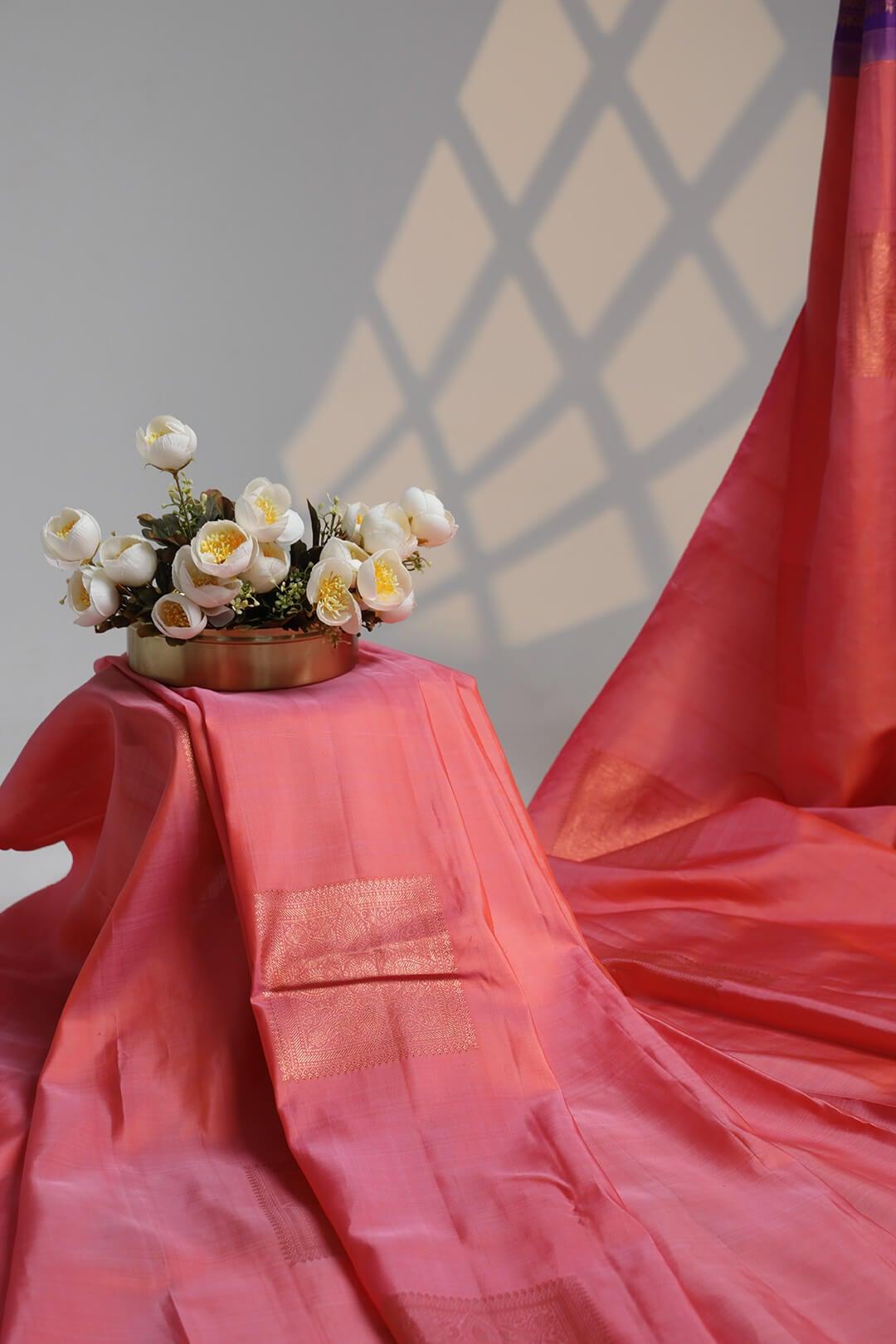 Arani Pure Silk Handloom Saree in Pink and Purple Pallu 4 - Pink with Purple Pallu Arani saree