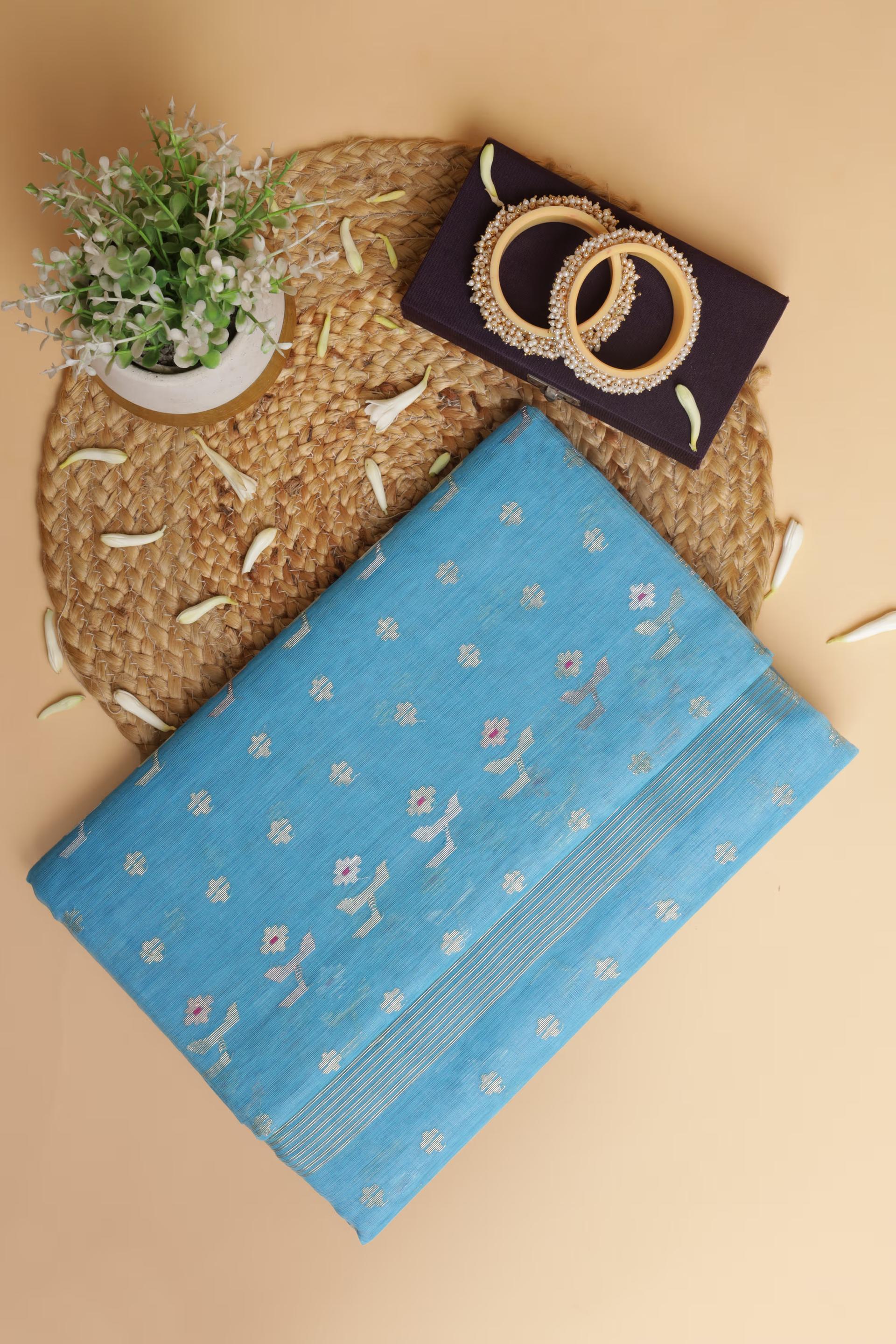 Handloom Dhakai Jamdani saree in sky blue  4 - Sky Blue Jamdani silk saree