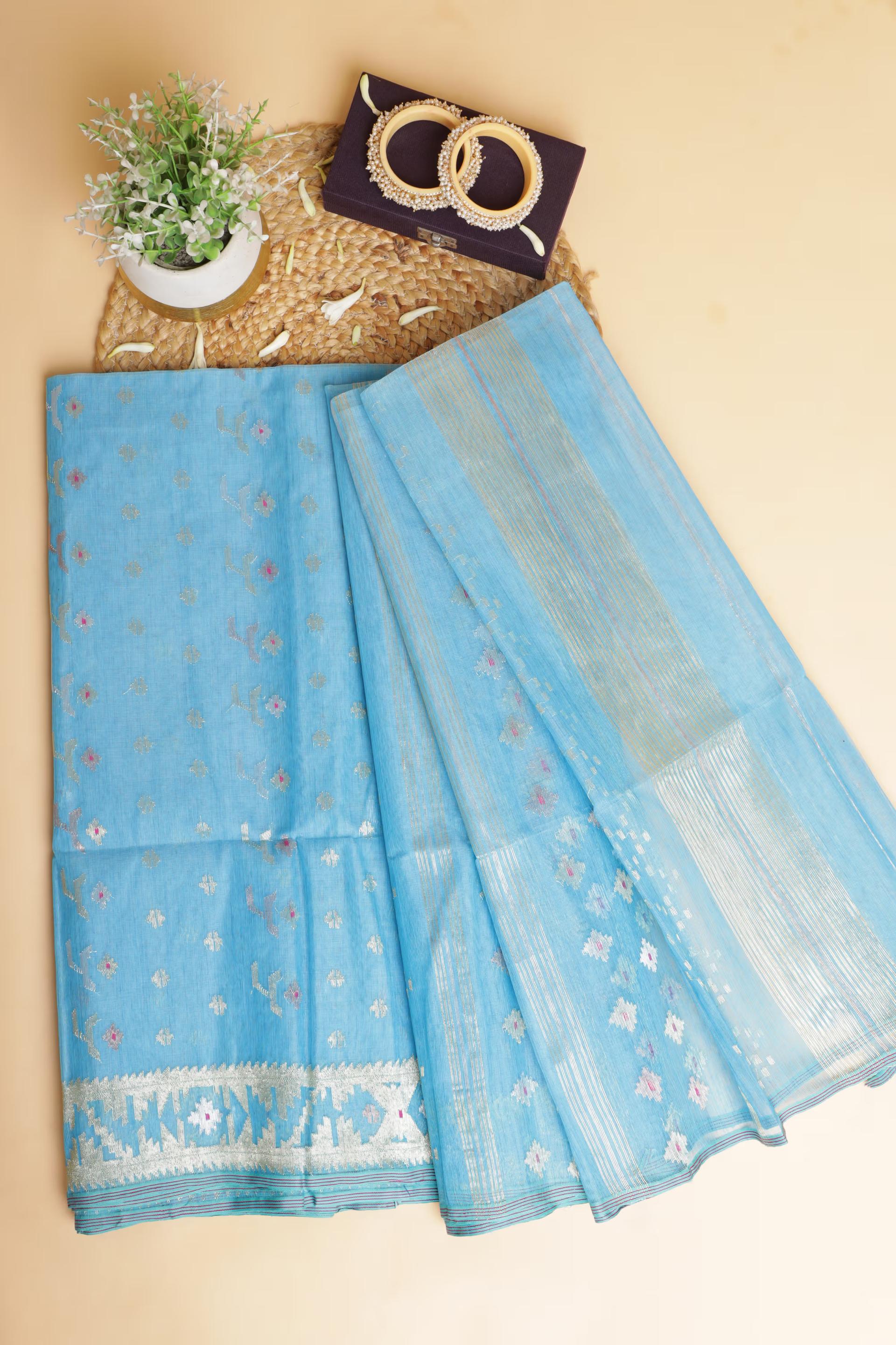 Handloom Dhakai Jamdani saree in sky blue  6 - Sky Blue Jamdani silk saree