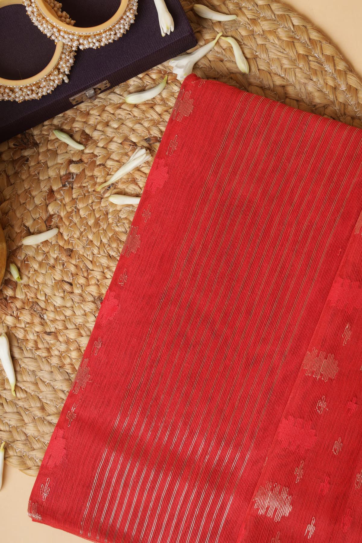 Handloom Dhakai Jamdani saree in Red - Blouse piece not included view 1 - Red Pure Jamdani Cotton saree