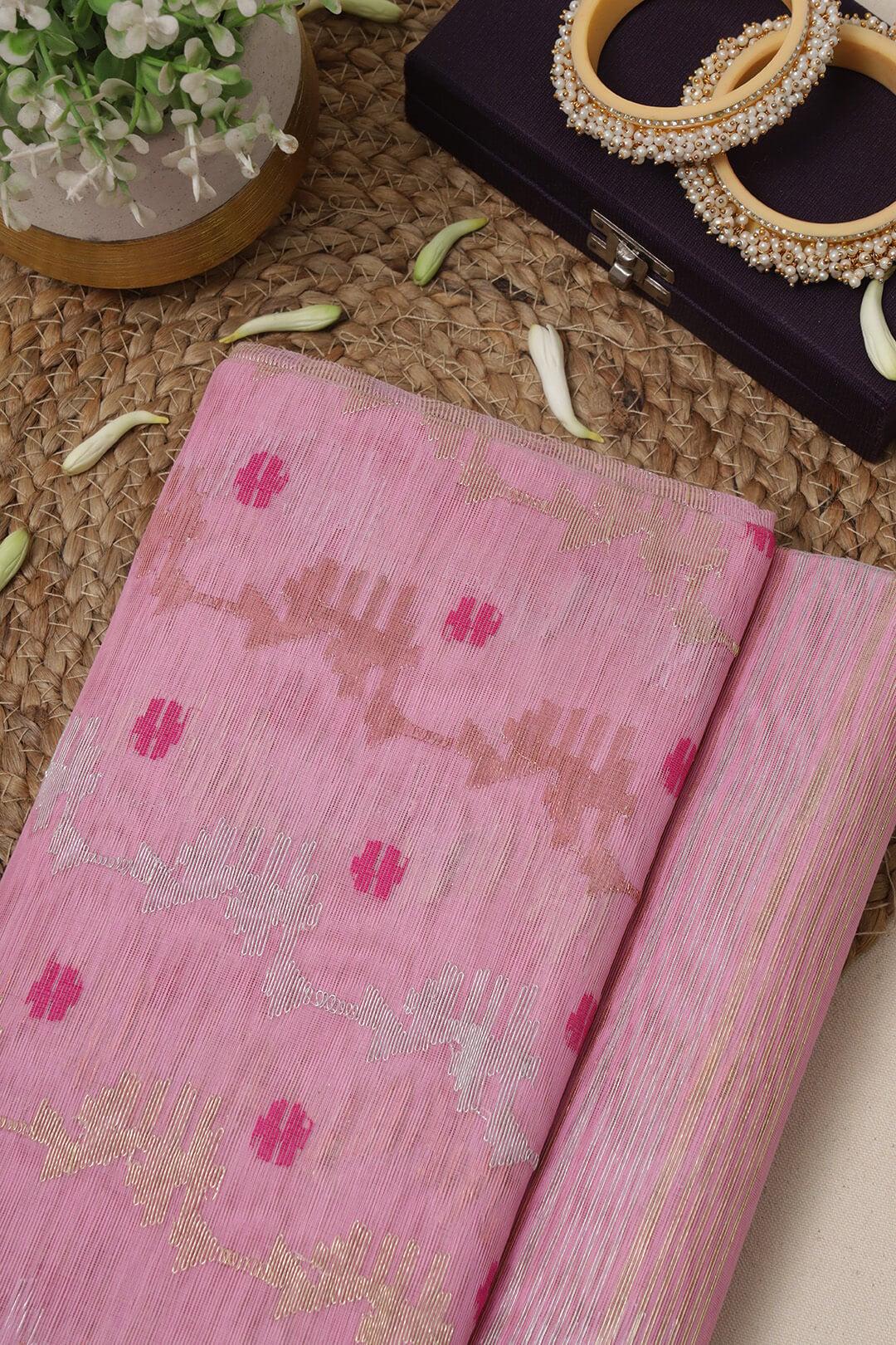 Handloom Dhakai Jamdani saree in Pink view 2 - Pink Jamdani silk saree