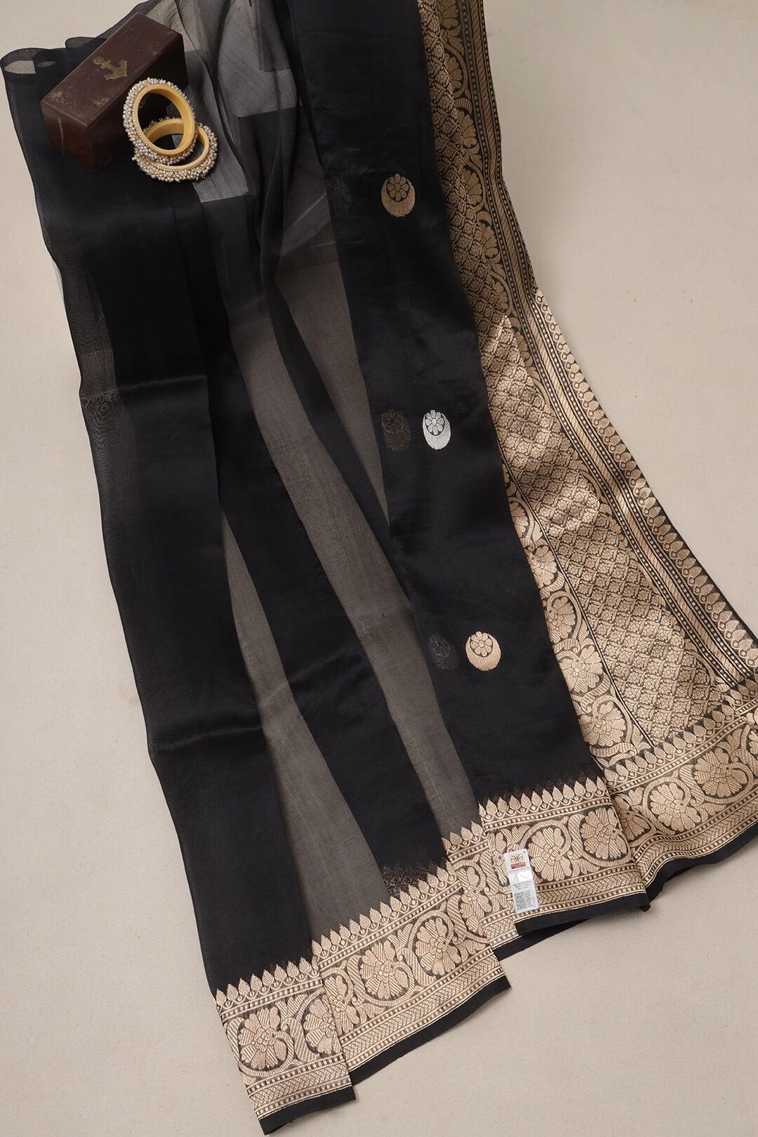 Handloom Kora banarasi saree in Black 6 - Black Kora saree
