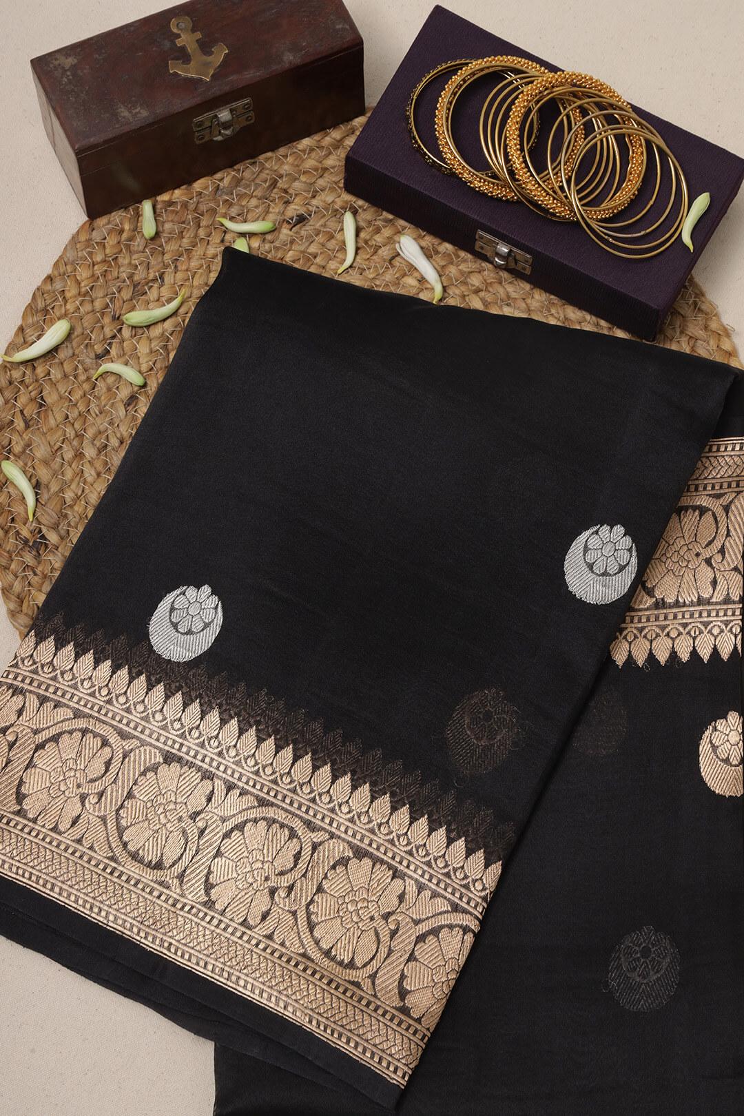Handloom Kora banarasi saree in Black 2 - Black Kora saree