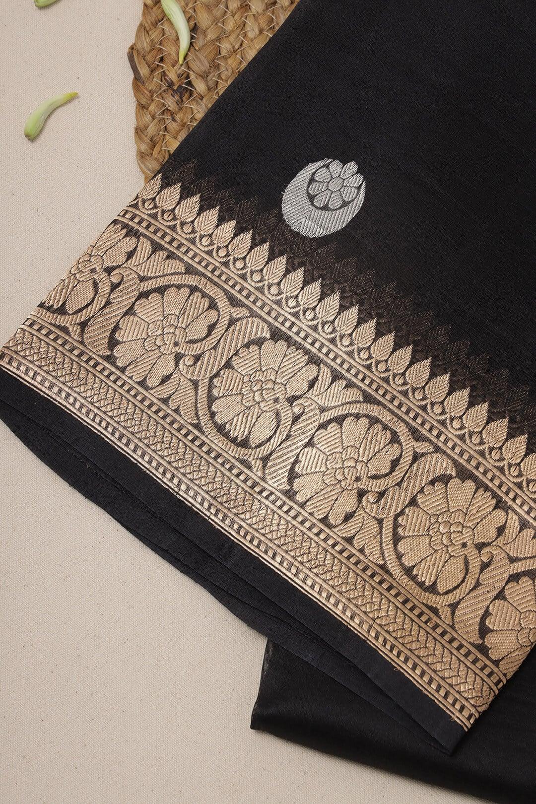 Handloom Kora banarasi saree in Black view 3 - Black Kora saree