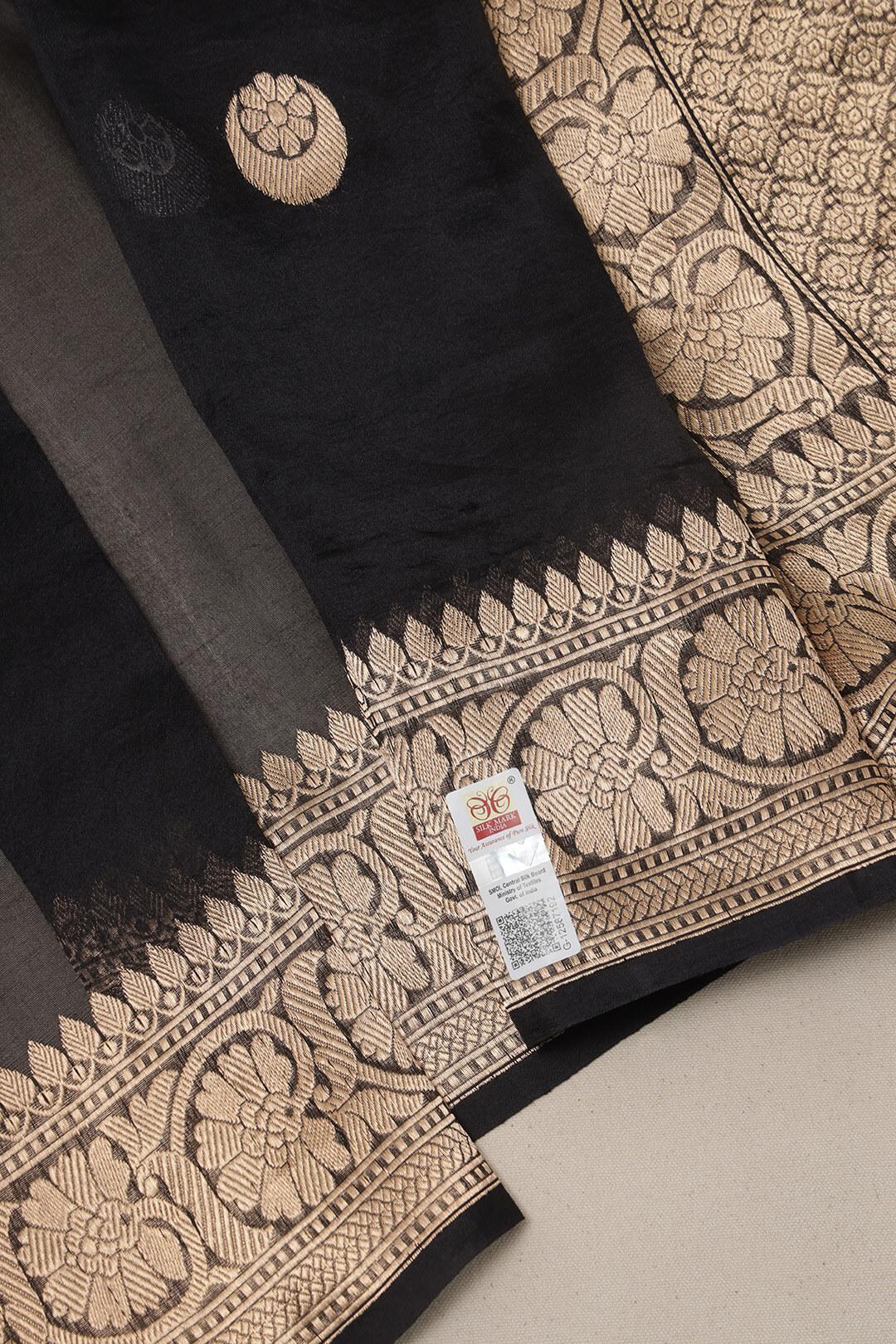 Handloom Kora banarasi saree in Black view 7 - Black Kora saree