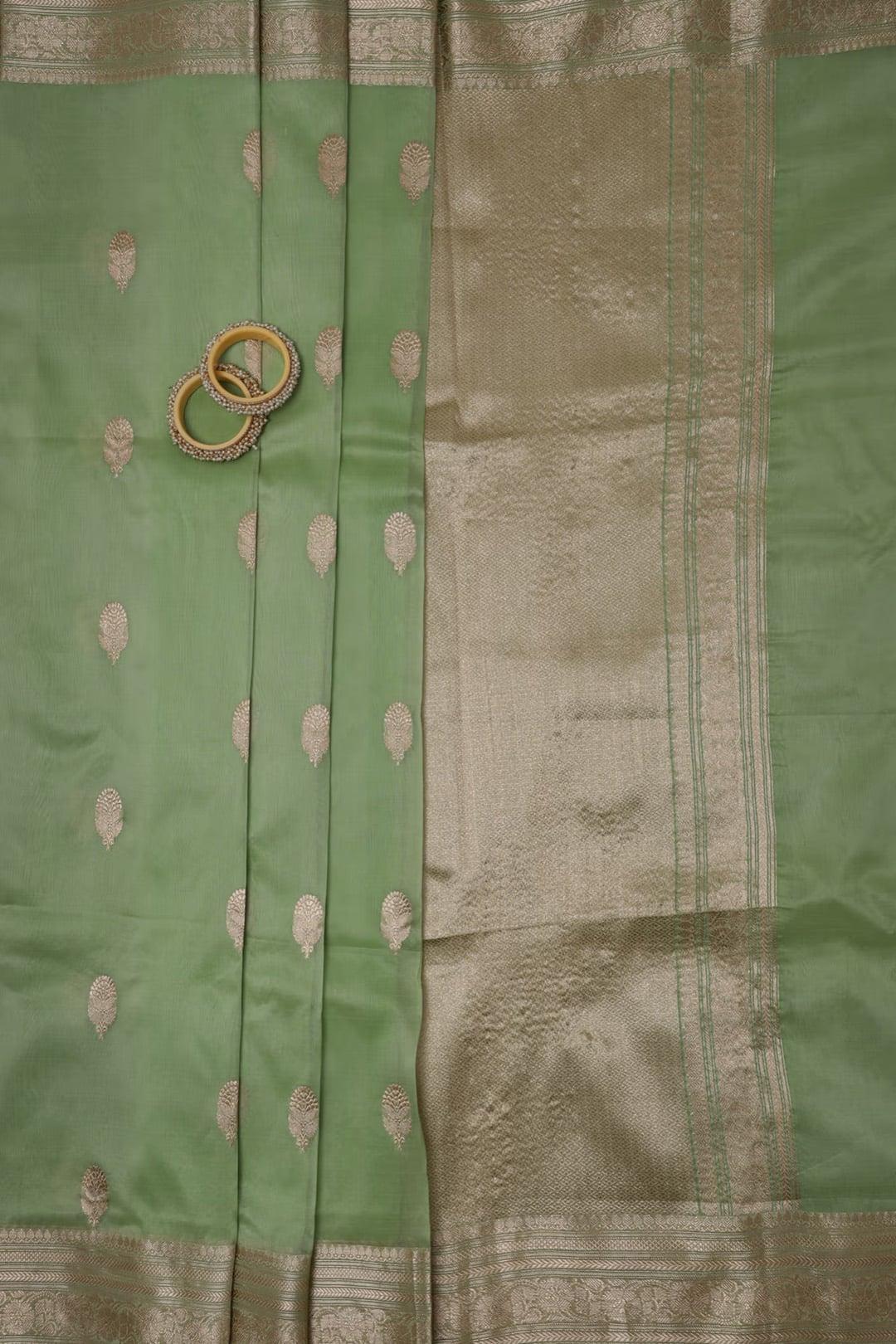 Handloom Kora banarasi saree in Pista Geen view 4 - Pista Green Kora saree