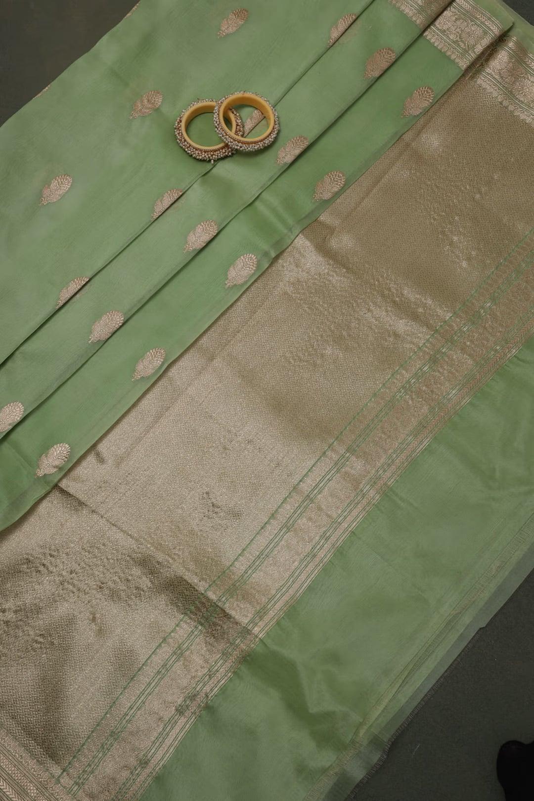 Handloom Kora banarasi saree in Pista Geen 3 - Pista Green Kora saree
