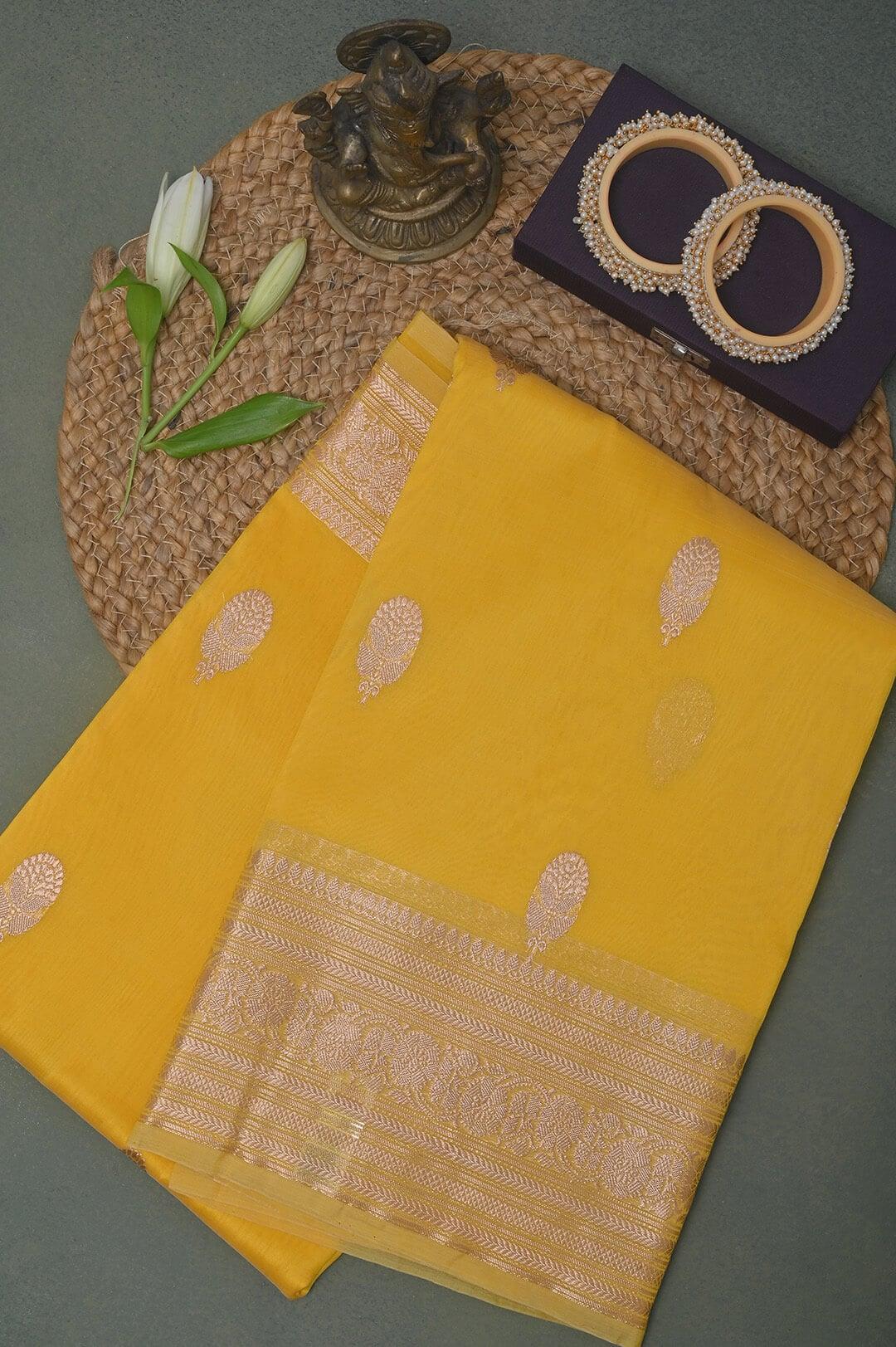 Handloom Kora Banarasi in Yellow view 2 - Yellow Kora  saree
