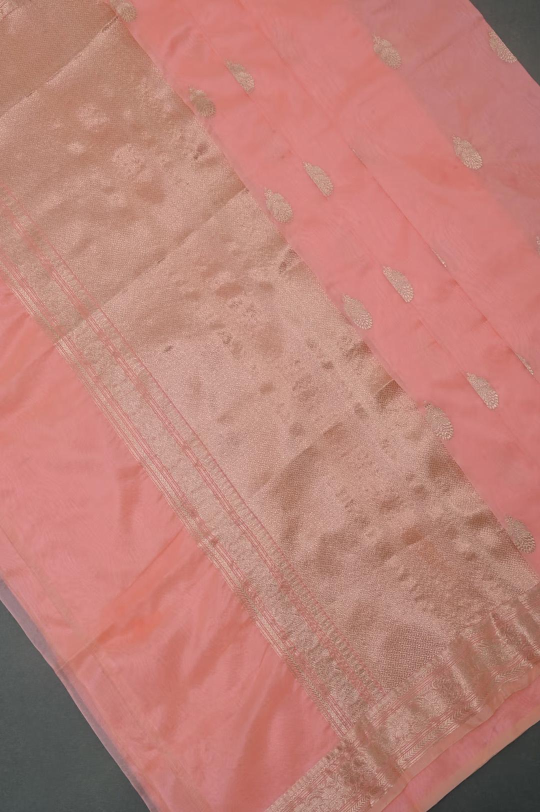 Handloom Kora Banarasi in Peach view 5 - Pink Kora saree