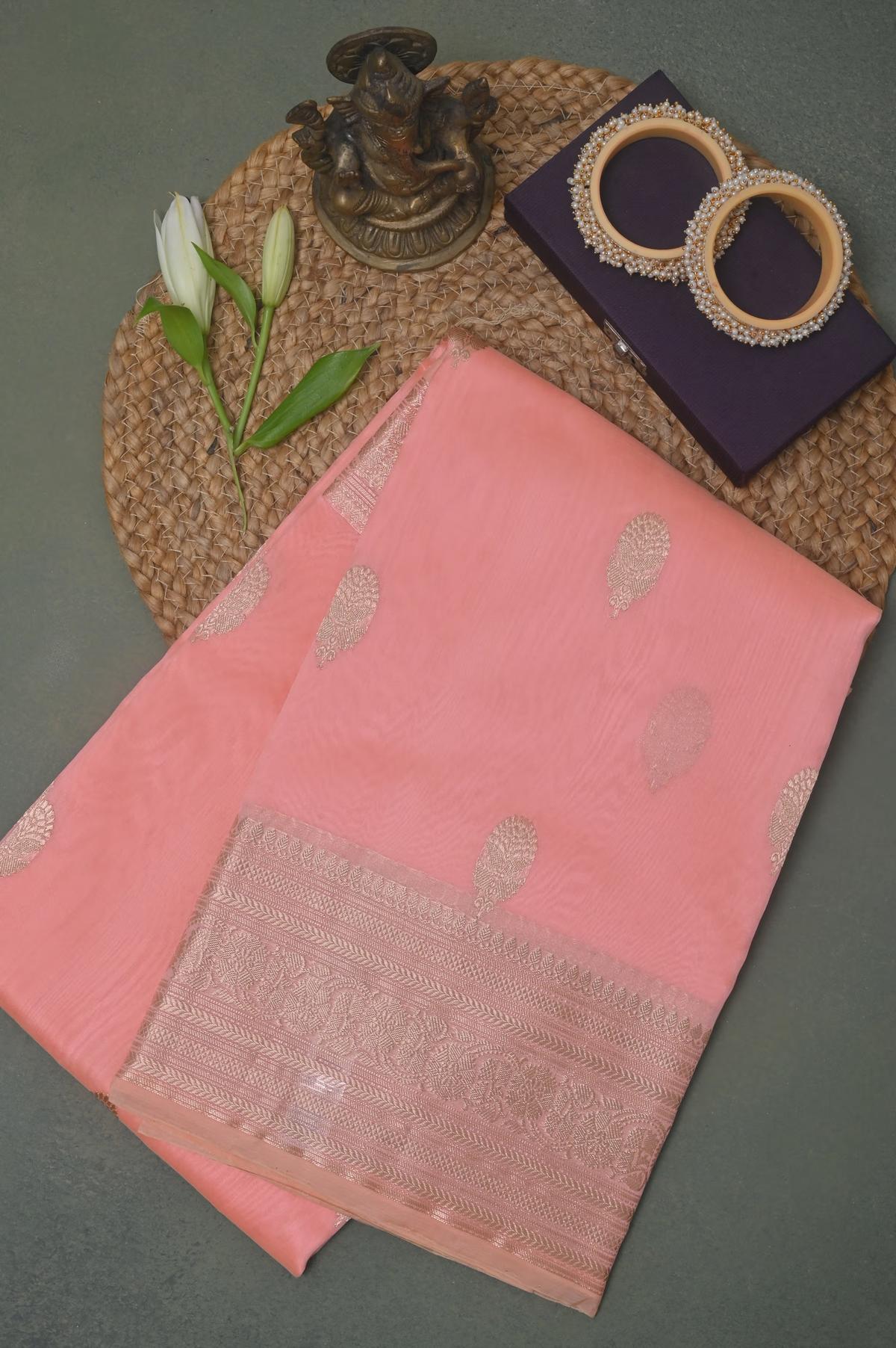 Handloom Kora Banarasi in Peach view 2 - Pink Kora saree