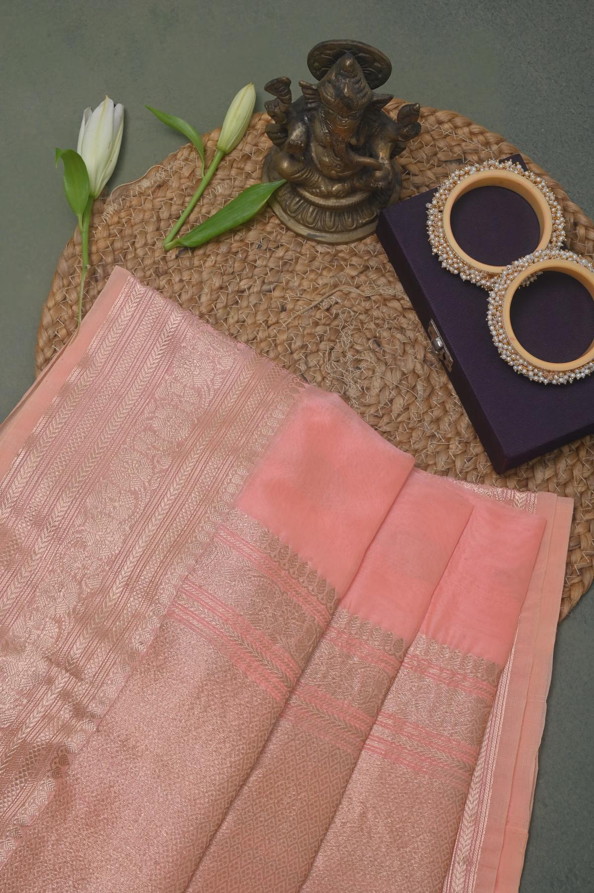 Handloom Kora Banarasi in Peach view 3 - Pink Kora saree