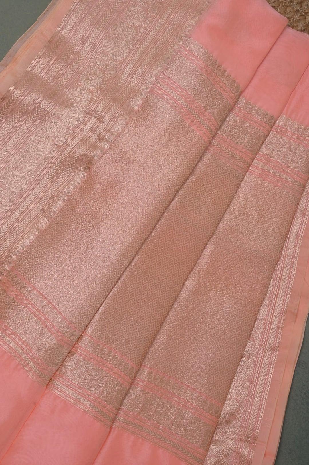 Handloom Kora Banarasi in Peach view 8 - Pink Kora saree