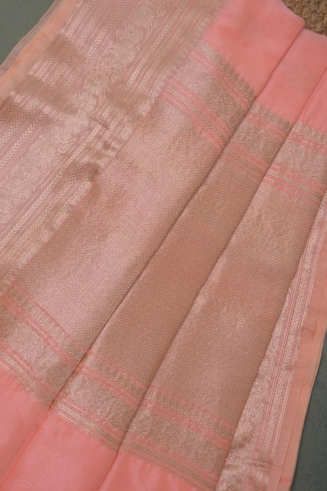Handloom Kora Banarasi in Peach 8 - Pink Kora saree