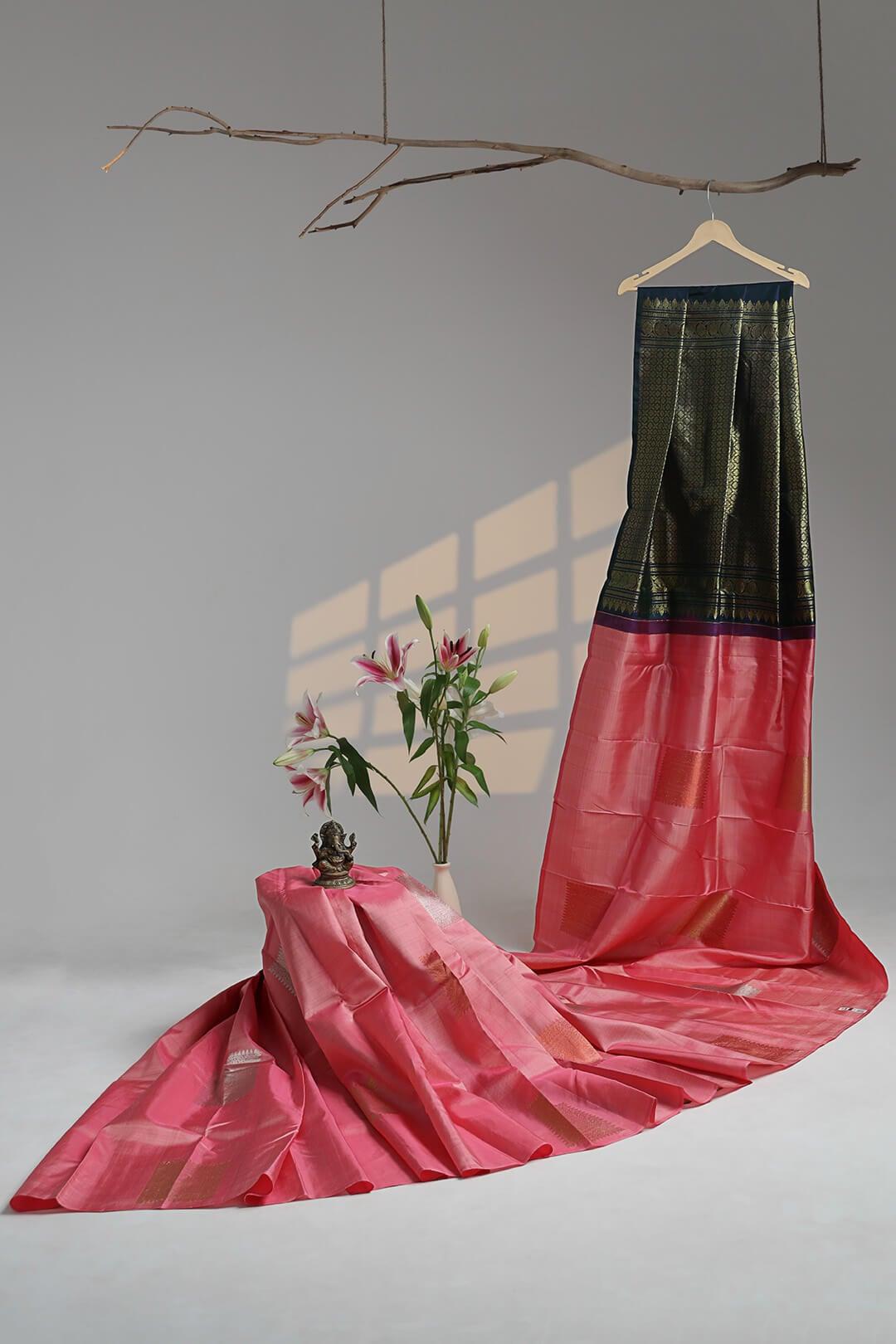 Arani Pure Silk Handloom Saree in Pink and Blue Green Dualtone Pallu 2 - Pink and Navy Blue Arani saree