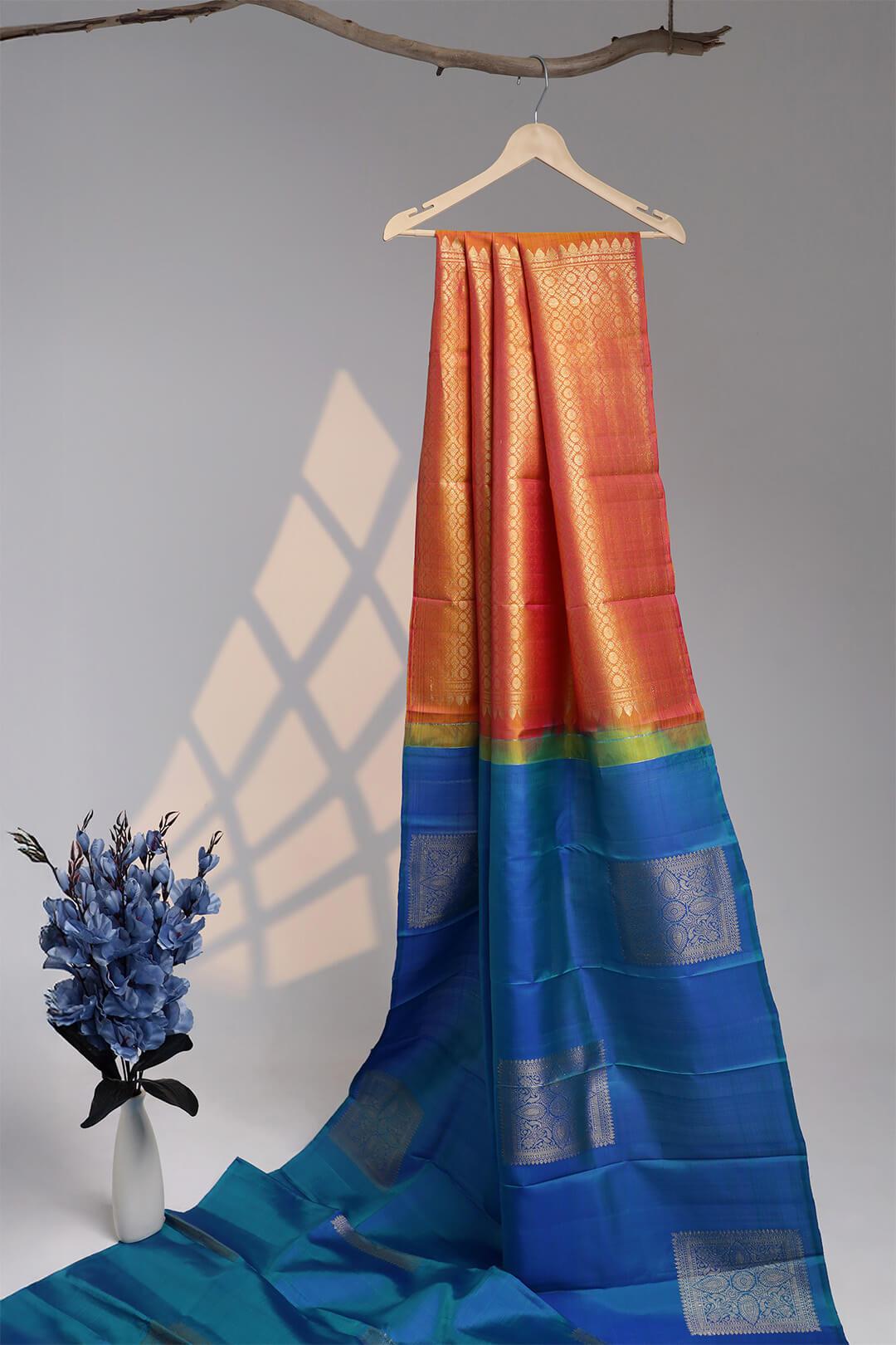 Arani Pure Silk Handloom Saree in Peacock Blue and Orange Pallu 4 - Blue with Orange Pallu Arani saree