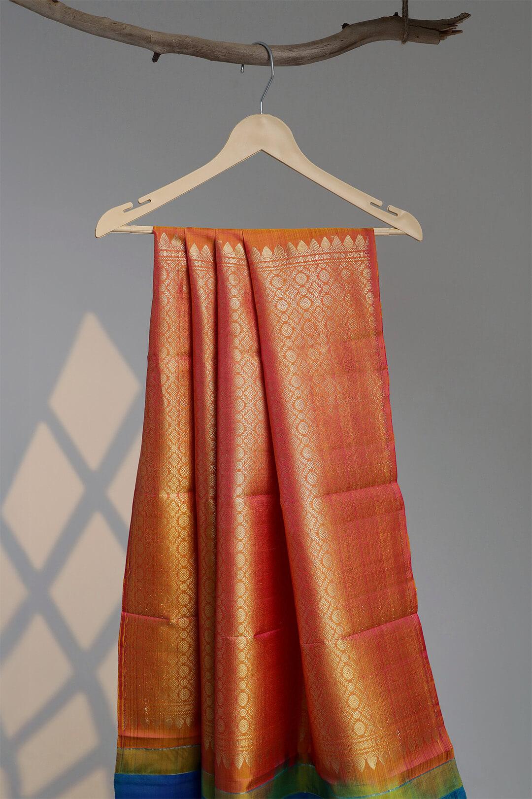 Arani Pure Silk Handloom Saree in Peacock Blue and Orange Pallu 6 - Blue with Orange Pallu Arani saree