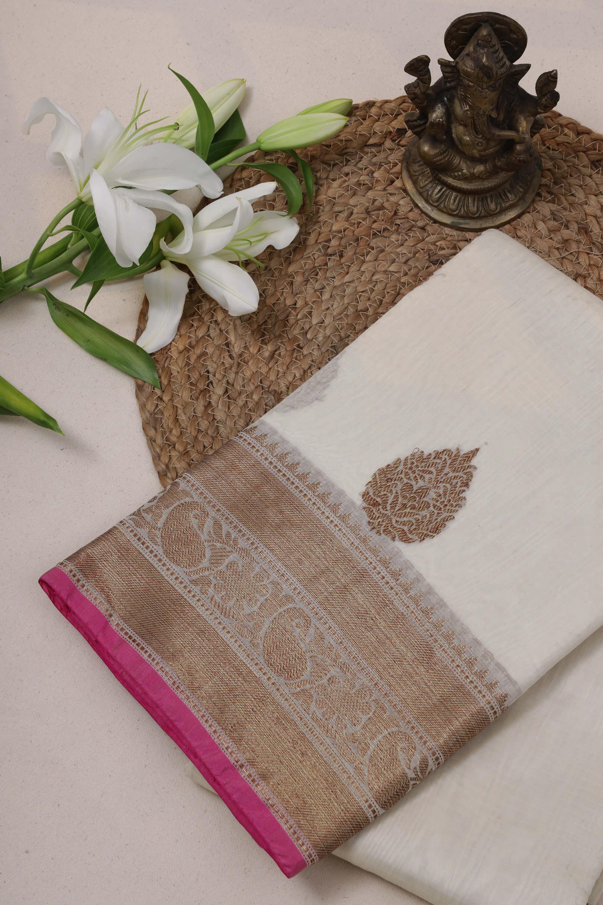 Kota Doria Saree in Ivory and pink - handcrafted saree from Kota Doria Saree collection