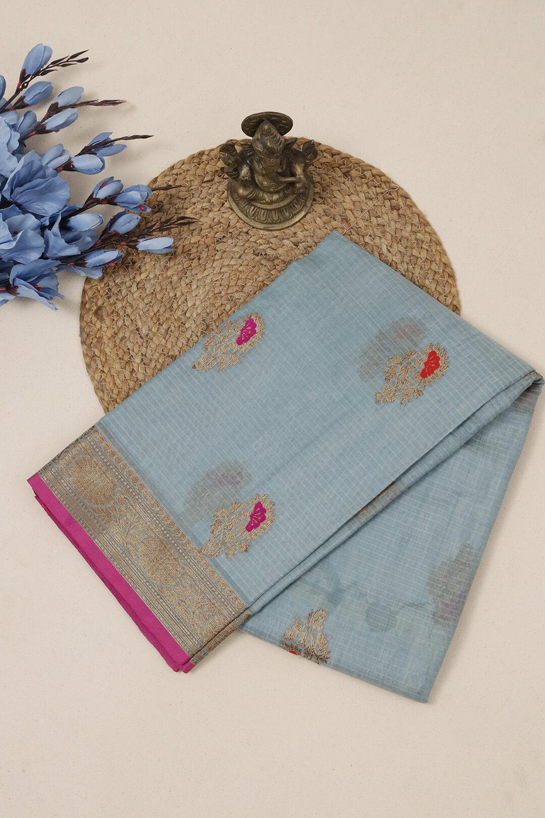 Kota Doria saree in Grey and Pink 1 - Grey and Pink Kota Doria saree