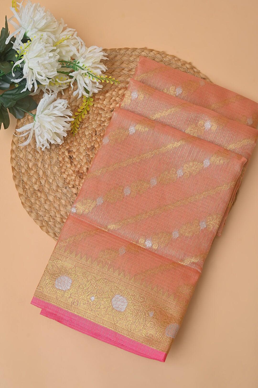 Semi Chanderi saree in Peach and Gold zari 2 - Peach and Gold zari Semi Chanderi saree