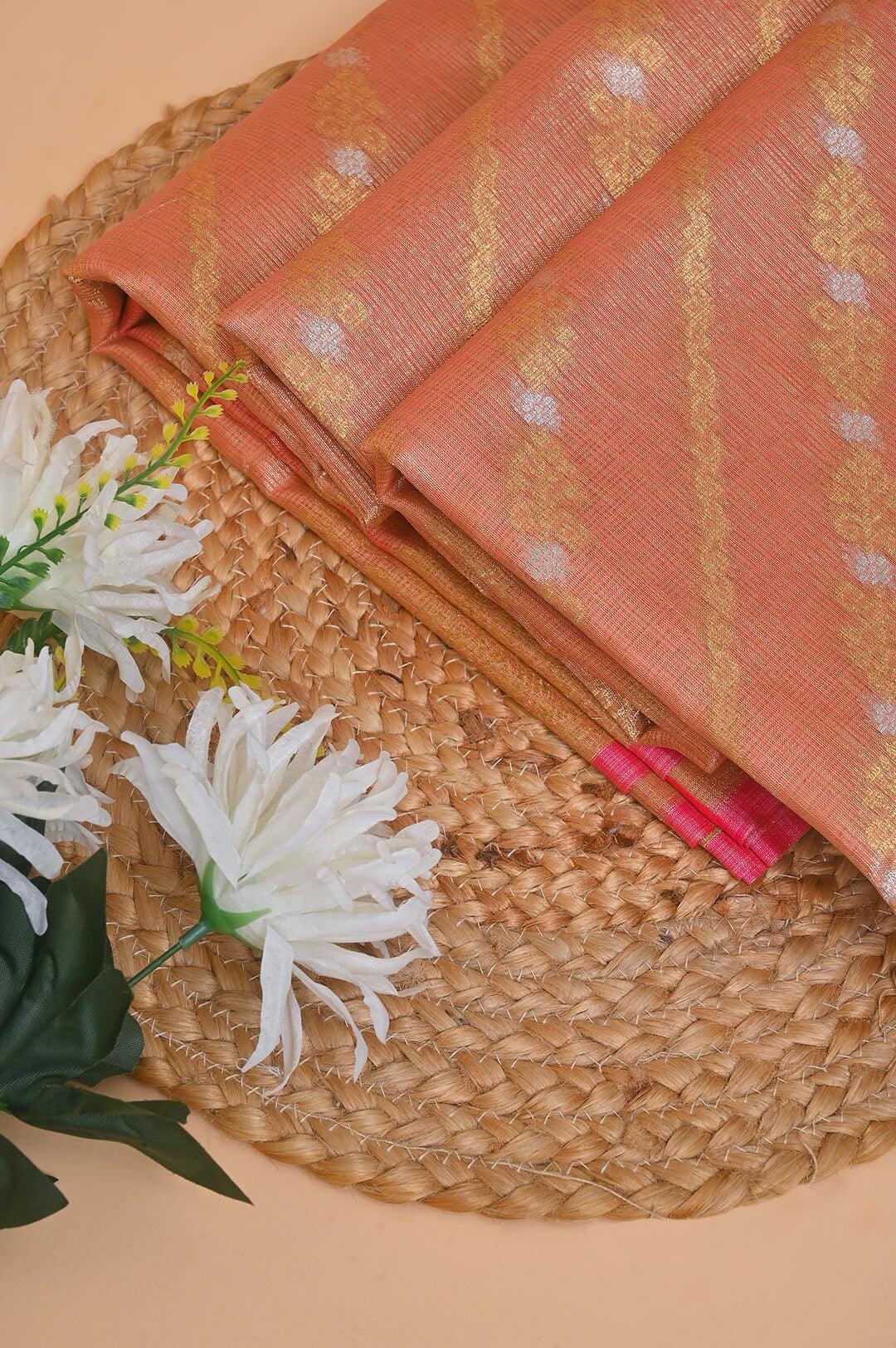 Semi Chanderi saree in Peach and Gold zari 5 - Peach and Gold zari Semi Chanderi saree