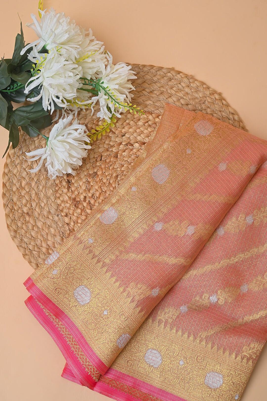 Semi Chanderi saree in Peach and Gold zari 6 - Peach and Gold zari Semi Chanderi saree