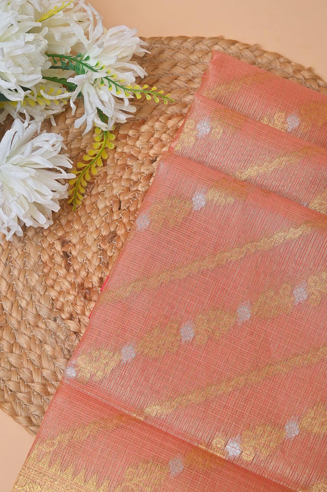 Semi Chanderi saree in Peach and Gold zari view 3 - Peach and Gold zari Semi Chanderi saree