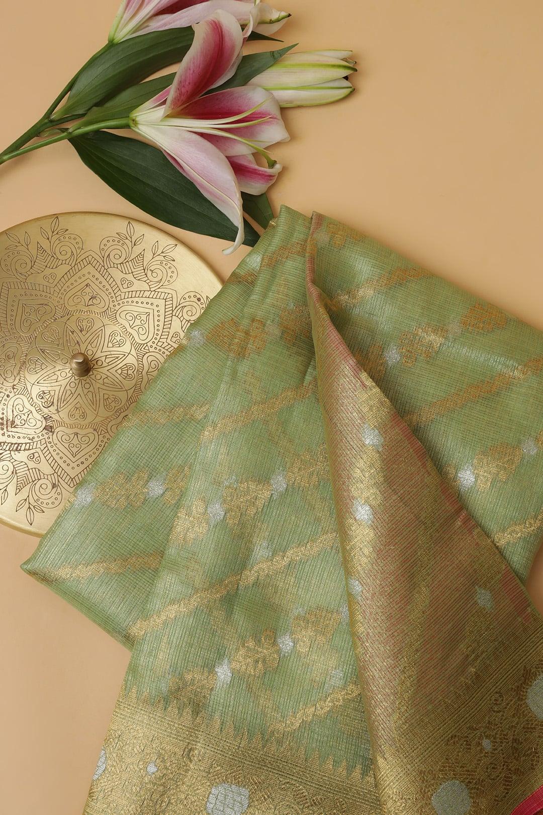 Semi Chanderi in Green and pink gold zari 6 - Green and Pink gold zari Semi Chanderi saree
