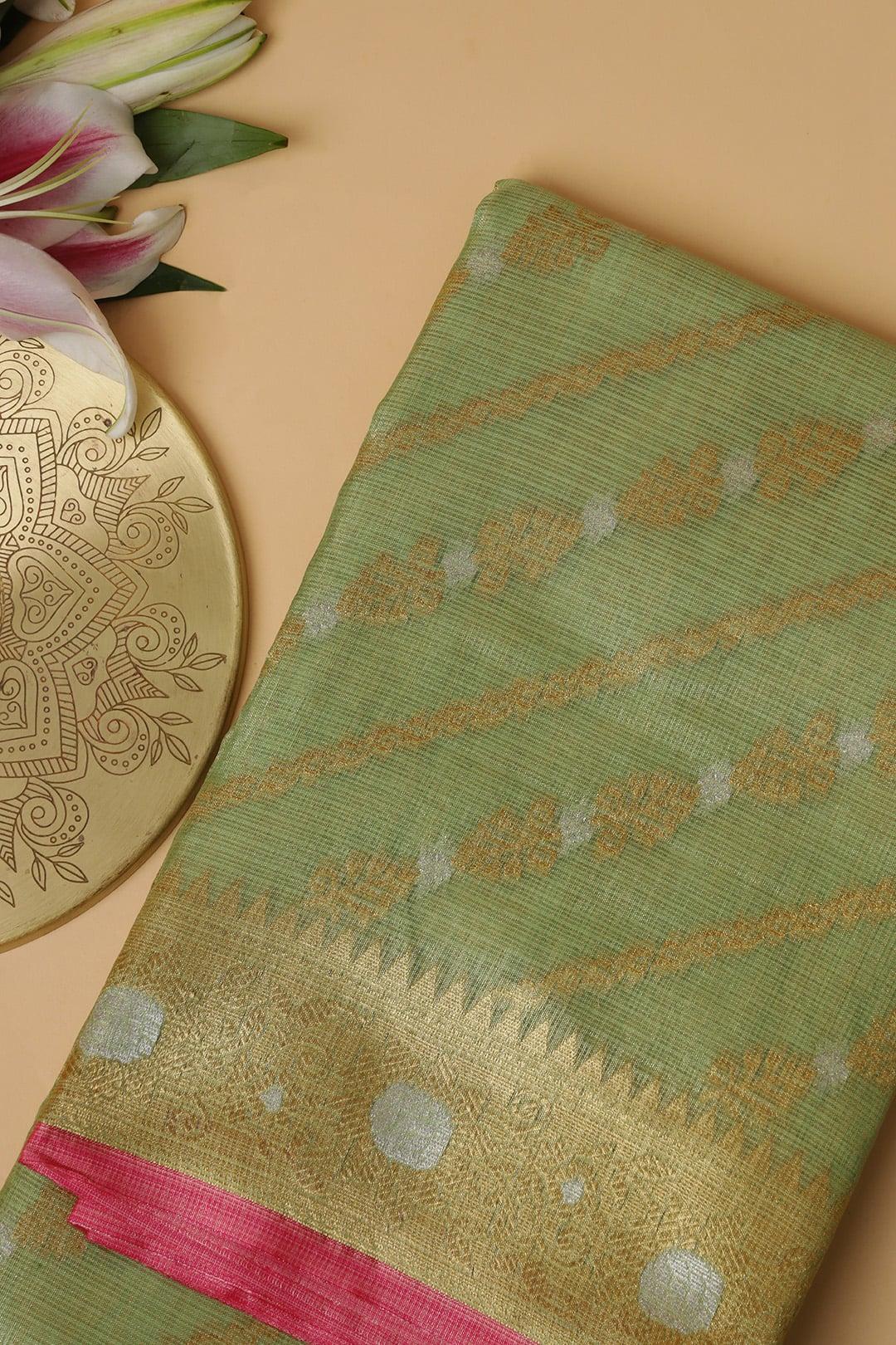 Semi Chanderi in Green and pink gold zari 3 - Green and Pink gold zari Semi Chanderi saree