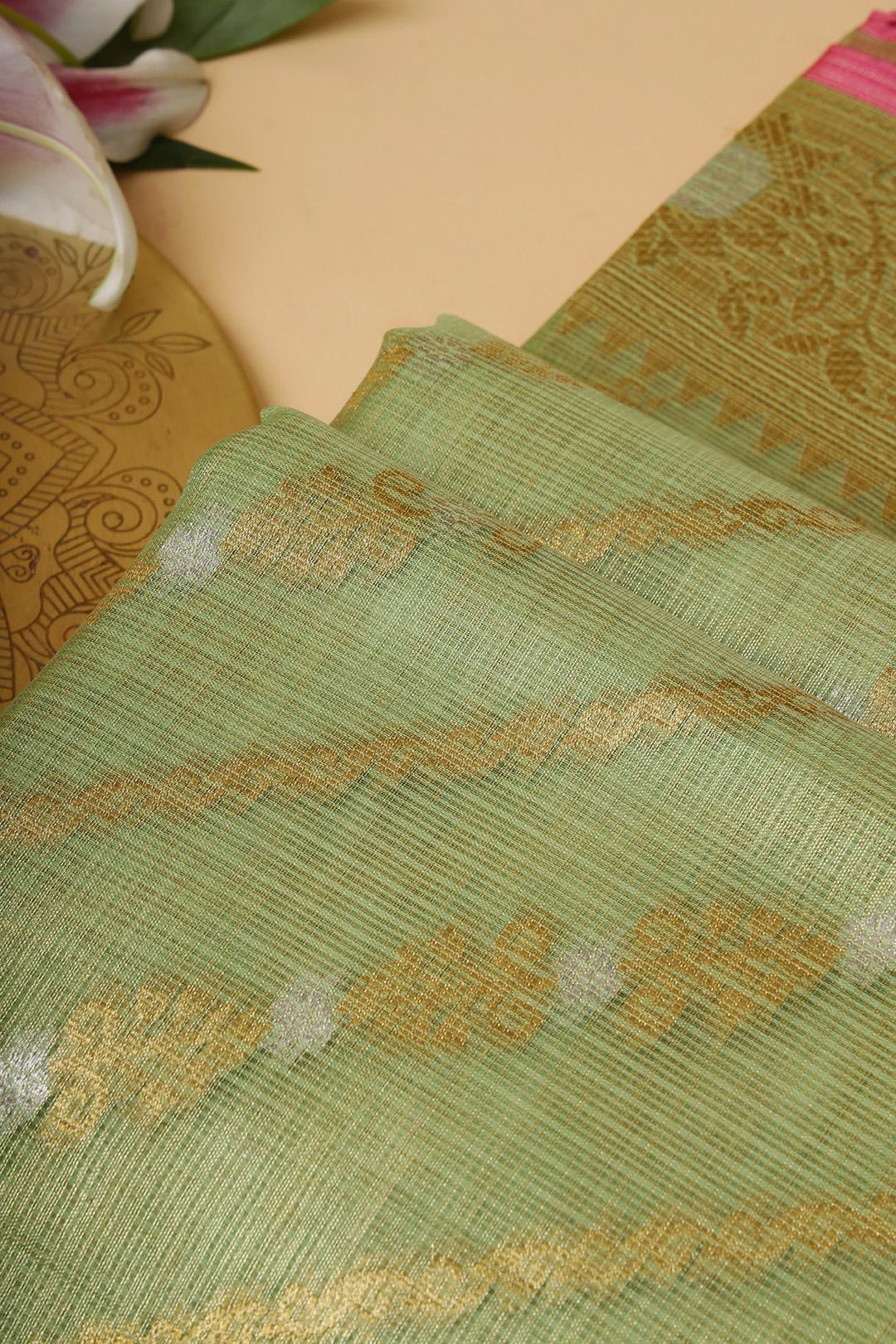 Semi Chanderi in Green and pink gold zari view 4 - Green and Pink gold zari Semi Chanderi saree