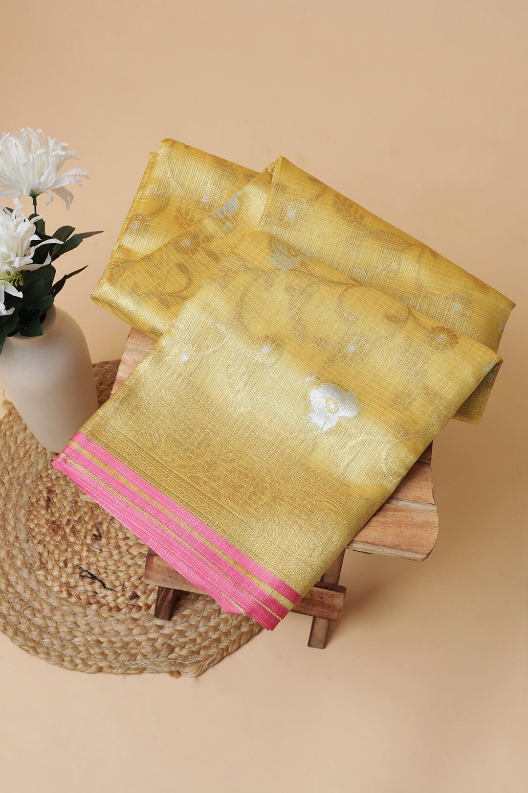 Semi Chanderi and gold saree in Yellow view 2 - Yellow and Gold Semi Chanderi saree
