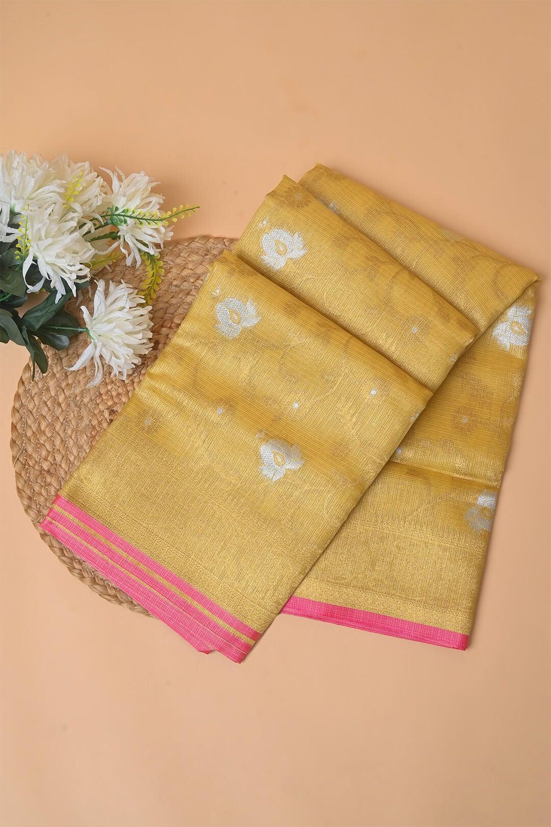 Semi Chanderi and gold saree in Yellow view 1 - Yellow and Gold Semi Chanderi saree