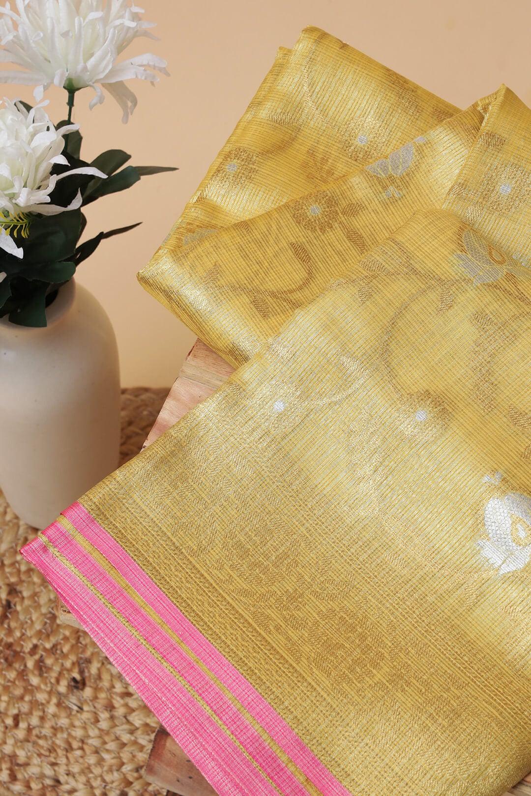 Semi Chanderi and gold saree in Yellow view 3 - Yellow and Gold Semi Chanderi saree