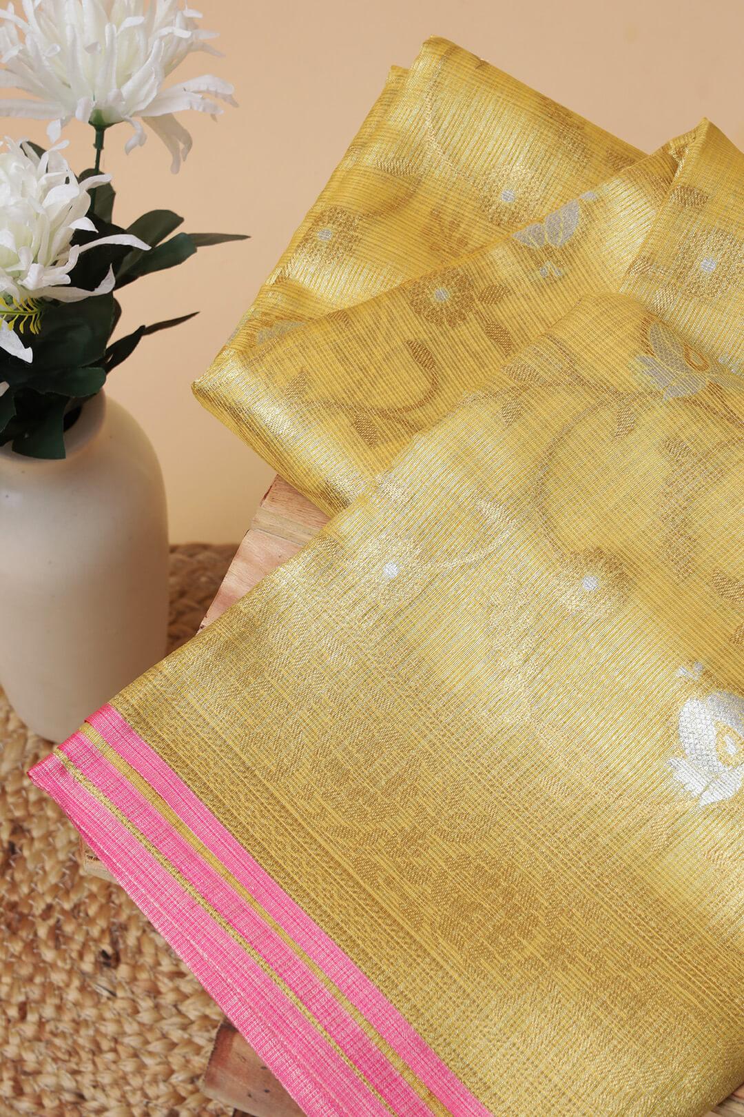 Semi Chanderi and gold saree in Yellow 3 - Yellow and Gold Semi Chanderi saree
