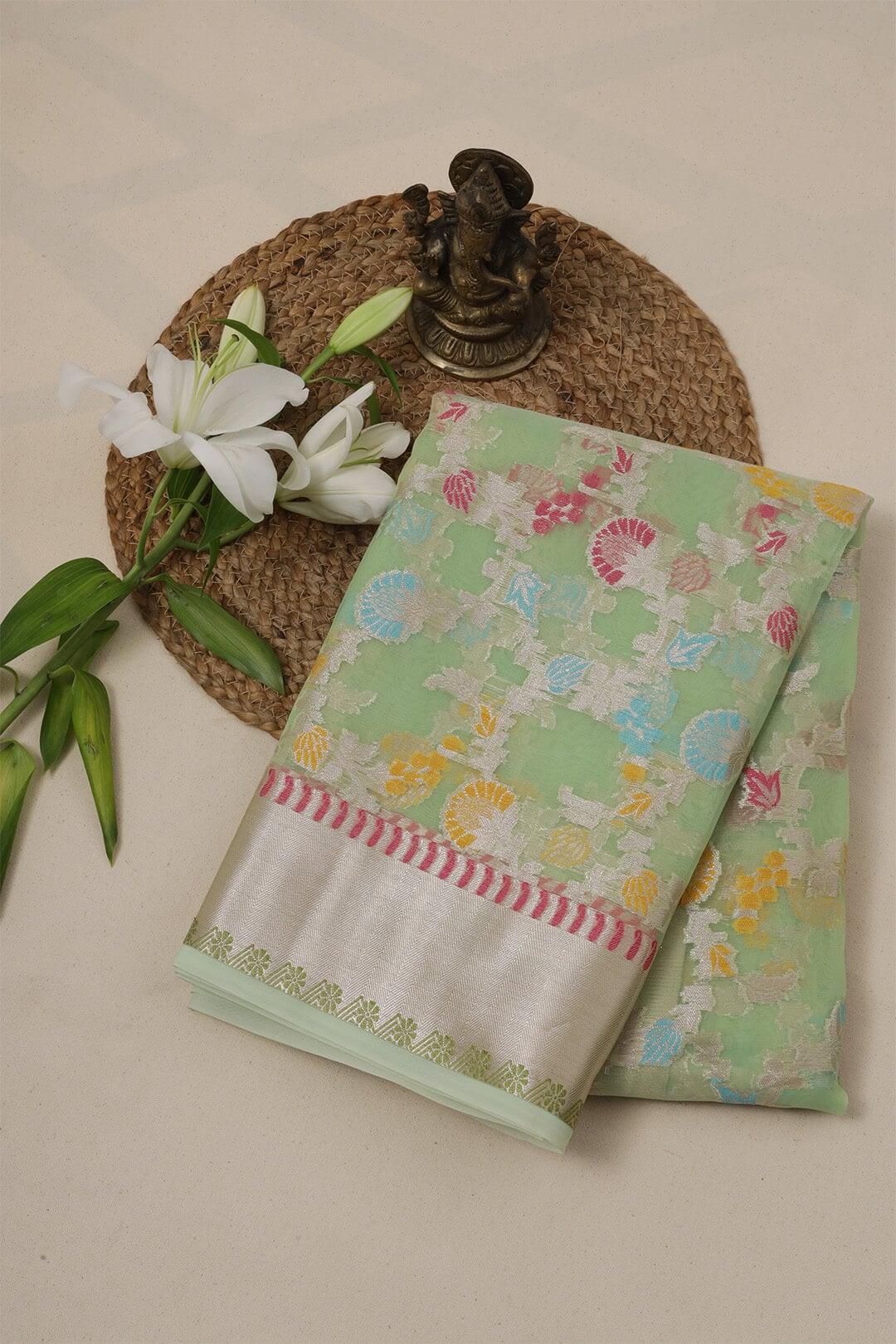 Semi Organza in Sea green view 2 - Sea Green Semi Organza saree