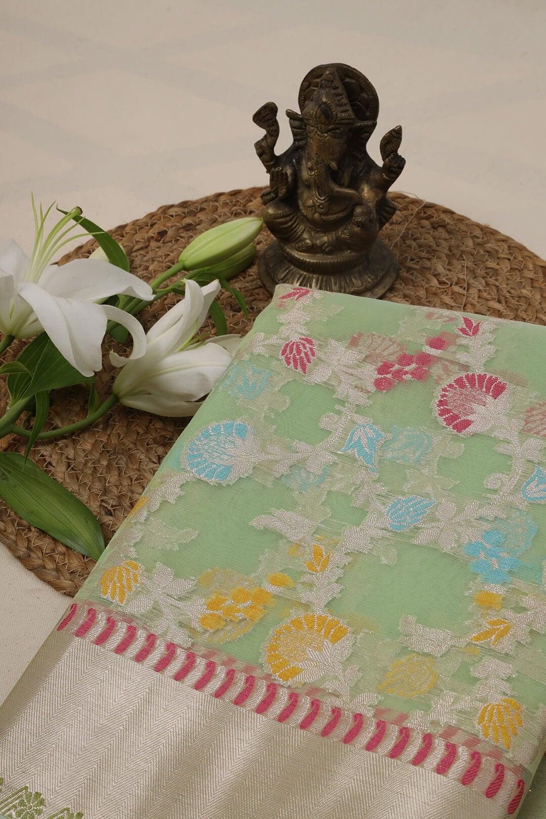 Semi Organza in Sea green 4 - Sea Green Semi Organza saree