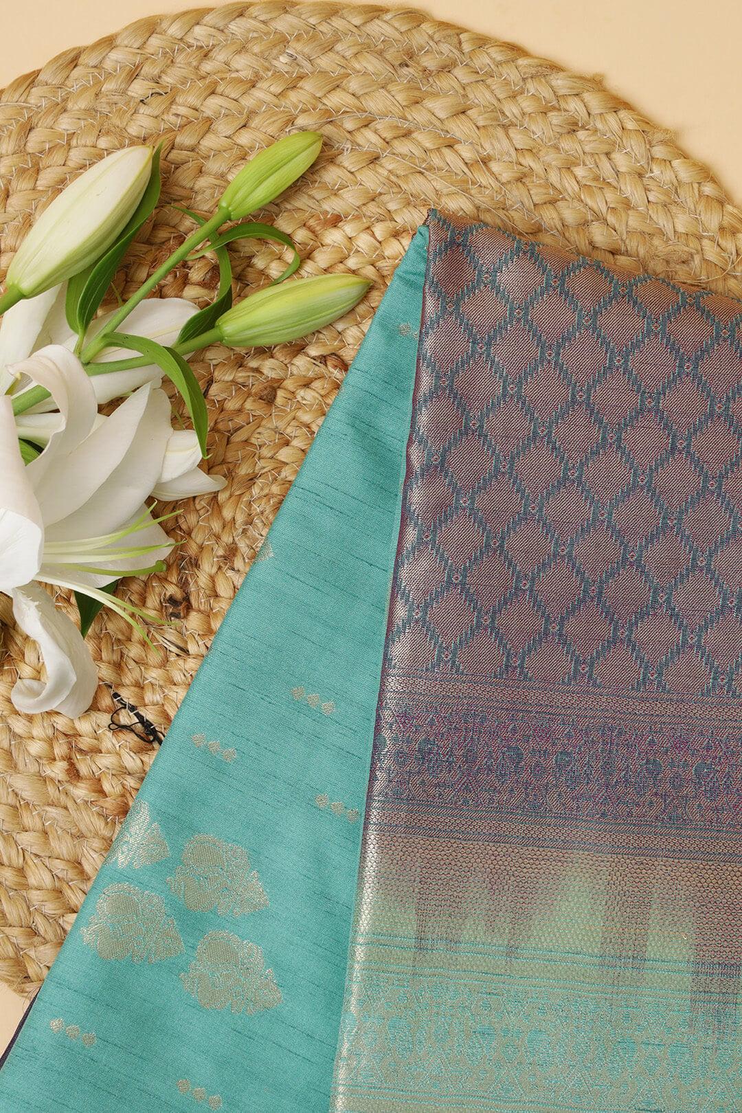 Semi Tussar silk saree in Sky Blue and Purple blue dual tone pallu view 5 - Sky Blue and Blue purple dual tone Pallu Semi Tussar saree