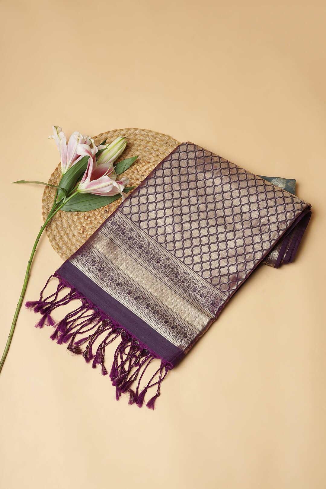 Semi Tussar silk saree in Dark Grey and Purple pallu view 3 - Dark grey with purple pallu Semi Tussar saree