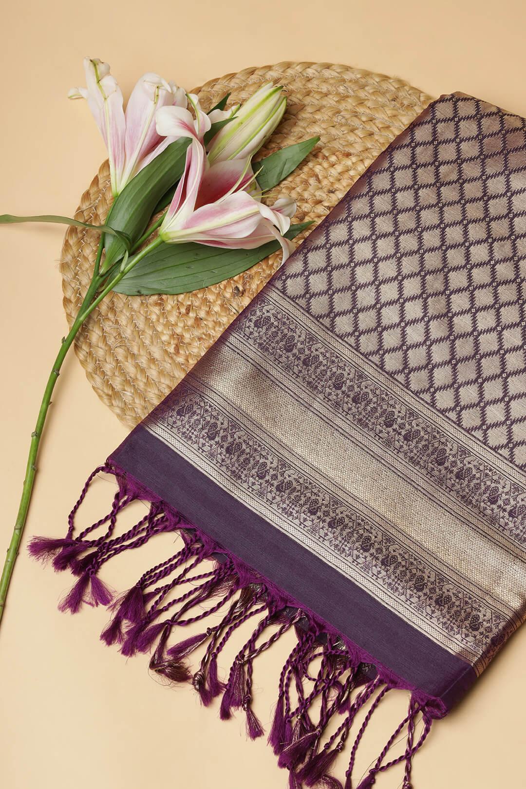 Semi Tussar silk saree in Dark Grey and Purple pallu 2 - Dark grey with purple pallu Semi Tussar saree