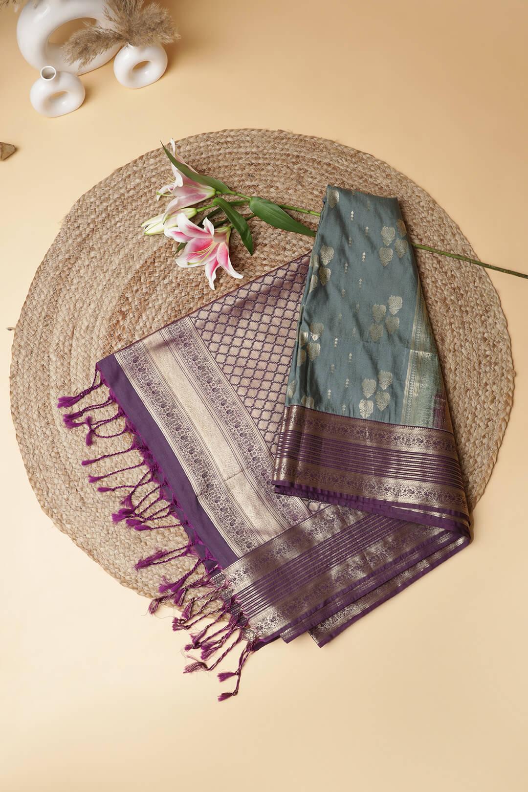Semi Tussar silk saree in Dark Grey and Purple pallu view 1 - Dark grey with purple pallu Semi Tussar saree