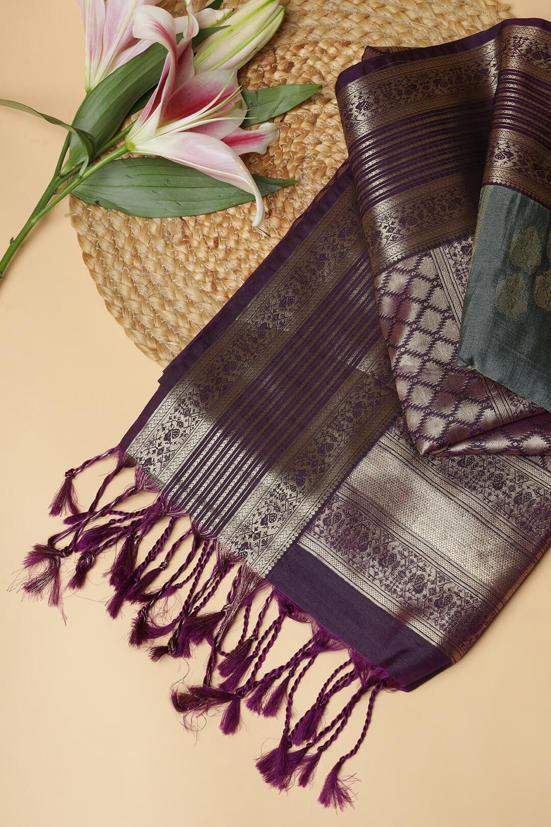 Semi Tussar silk saree in Dark Grey and Purple pallu view 4 - Dark grey with purple pallu Semi Tussar saree