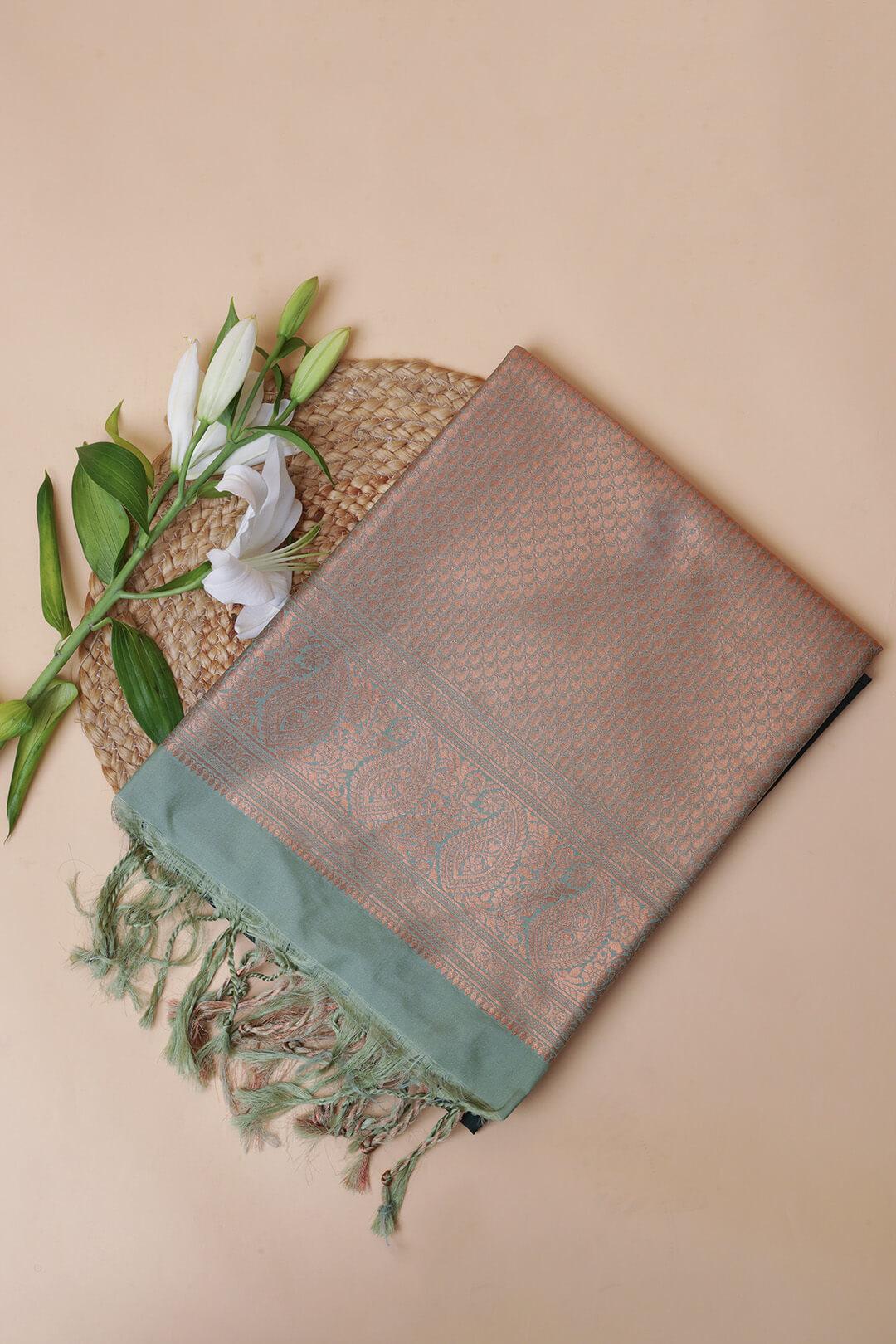Semi Tussar silk saree in Dark Green and Sea Green bronze zari pallu view 3 - Dark Green with sea green bronze pallu Semi Tussar saree