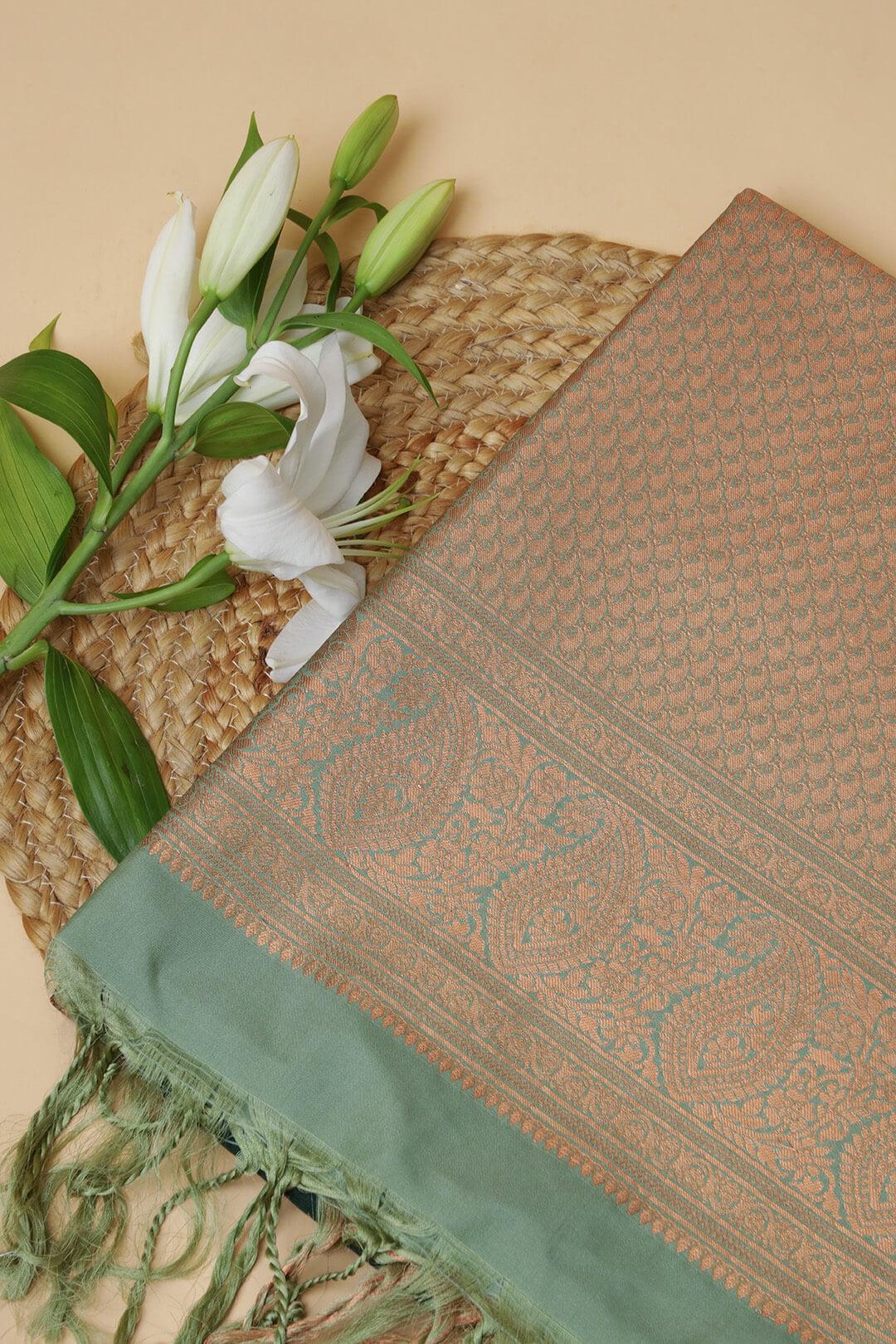 Semi Tussar silk saree in Dark Green and Sea Green bronze zari pallu view 2 - Dark Green with sea green bronze pallu Semi Tussar saree