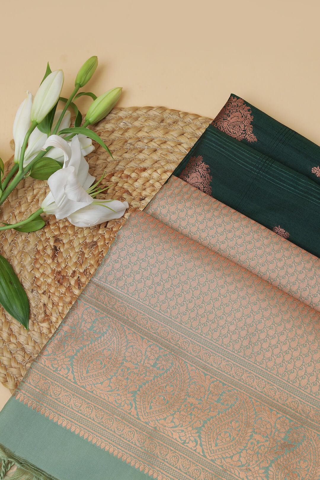 Semi Tussar silk saree in Dark Green and Sea Green bronze zari pallu 1 - Dark Green with sea green bronze pallu Semi Tussar saree