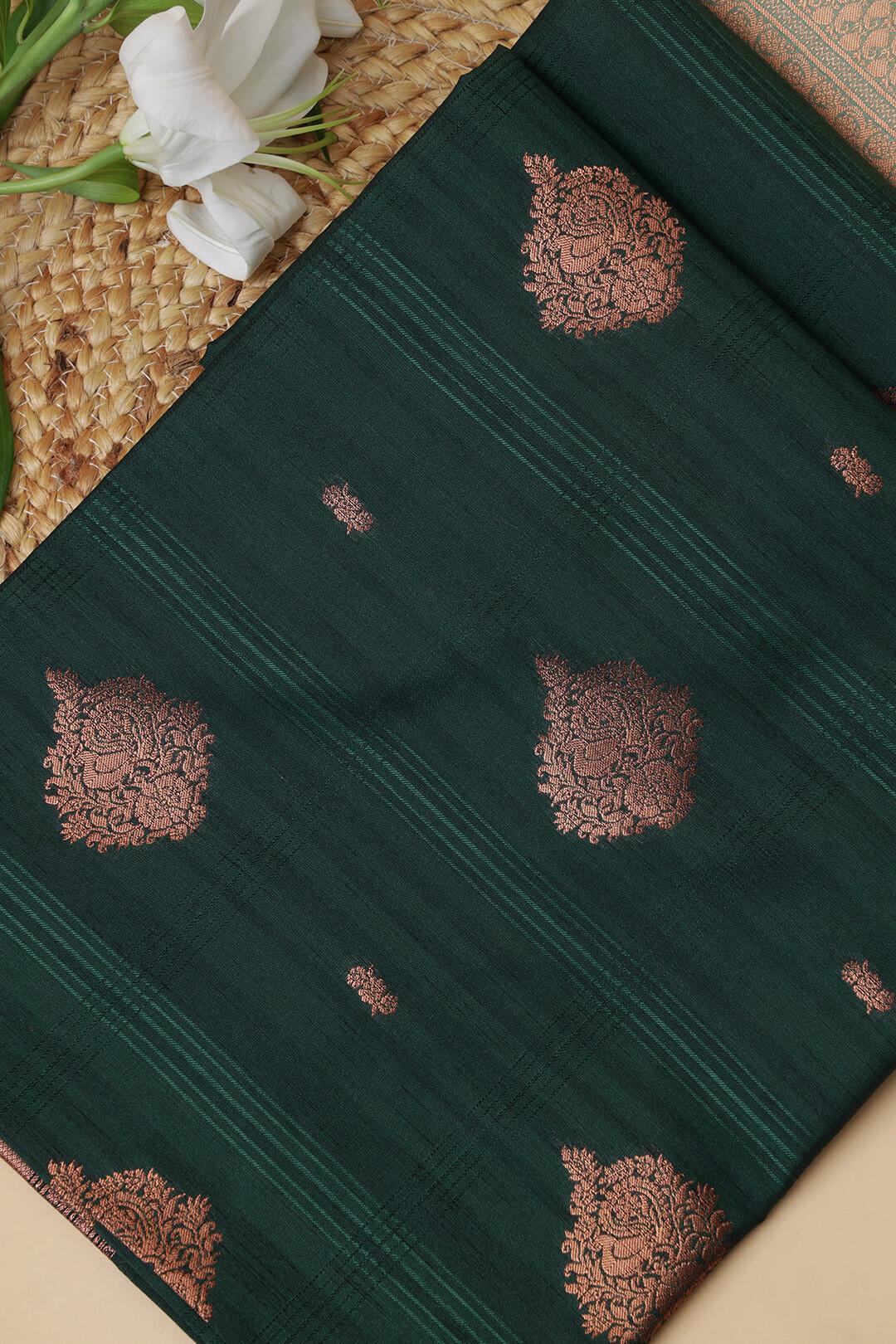 Semi Tussar silk saree in Dark Green and Sea Green bronze zari pallu view 4 - Dark Green with sea green bronze pallu Semi Tussar saree