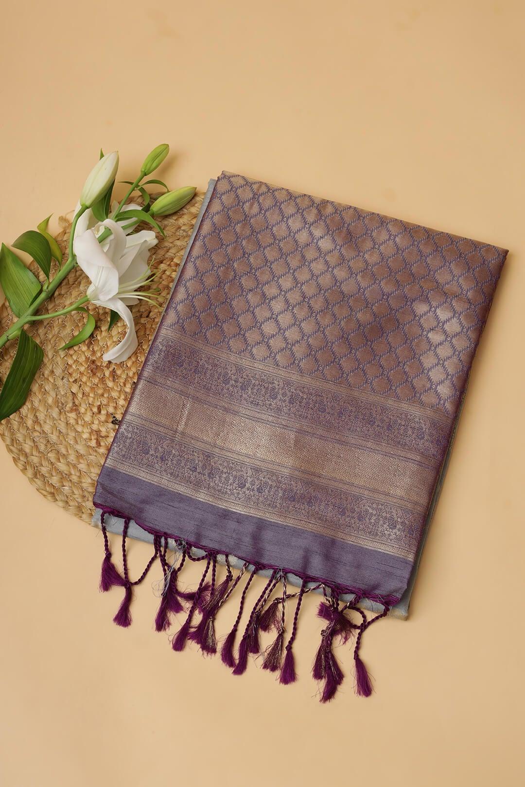 Semi Tussar silk saree in Ash Grey and Purple pallu - handcrafted saree from Semi Tussar Silk Saree collection