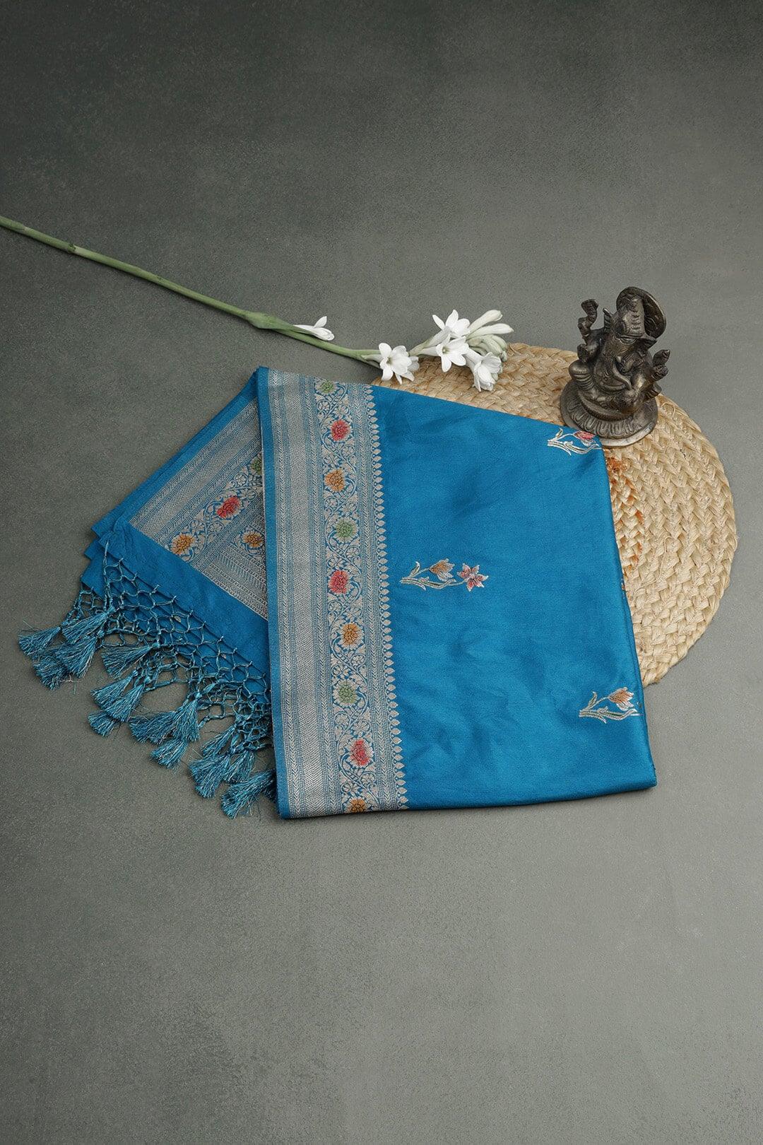Semi Katan Silk Saree in Blue view 3 - Blue Semi Katan saree