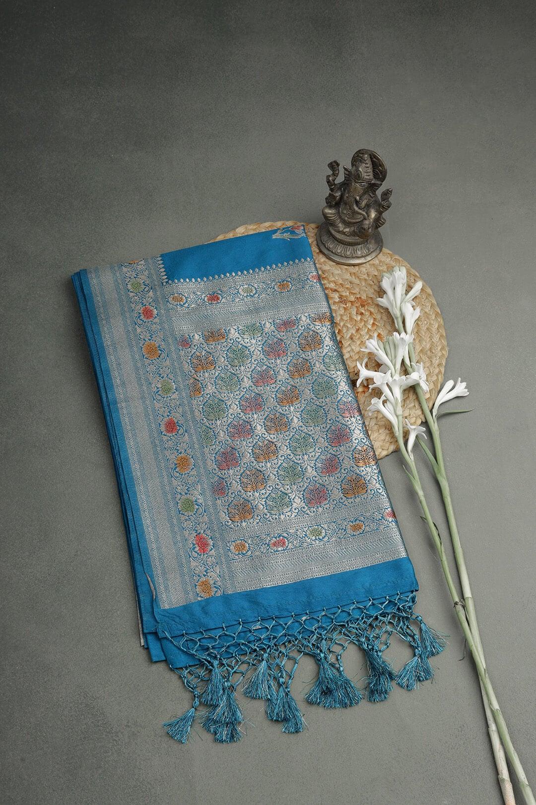 Semi Katan Silk Saree in Blue view 4 - Blue Semi Katan saree